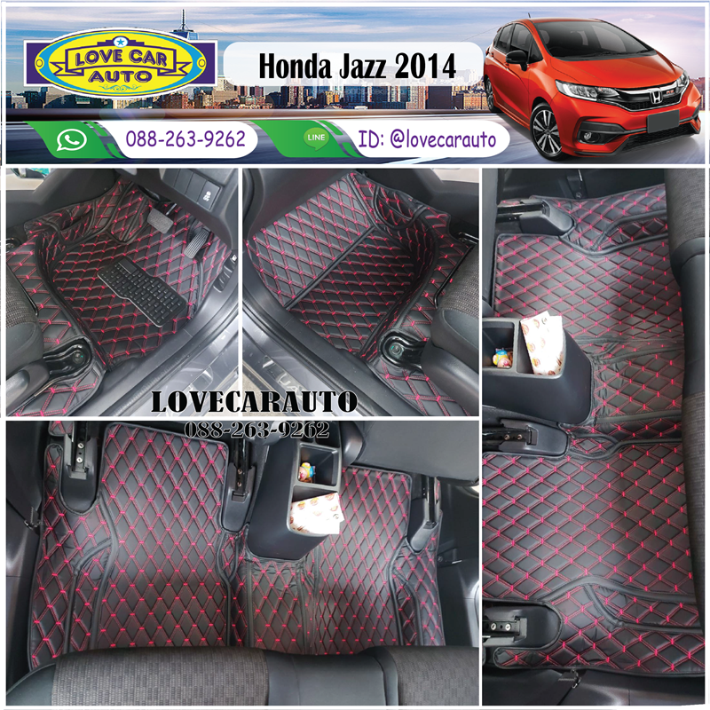 พรมปูพื้นรถยนต์ Honda Jazz 2014 พรมvvip สีดำด้ายแดง