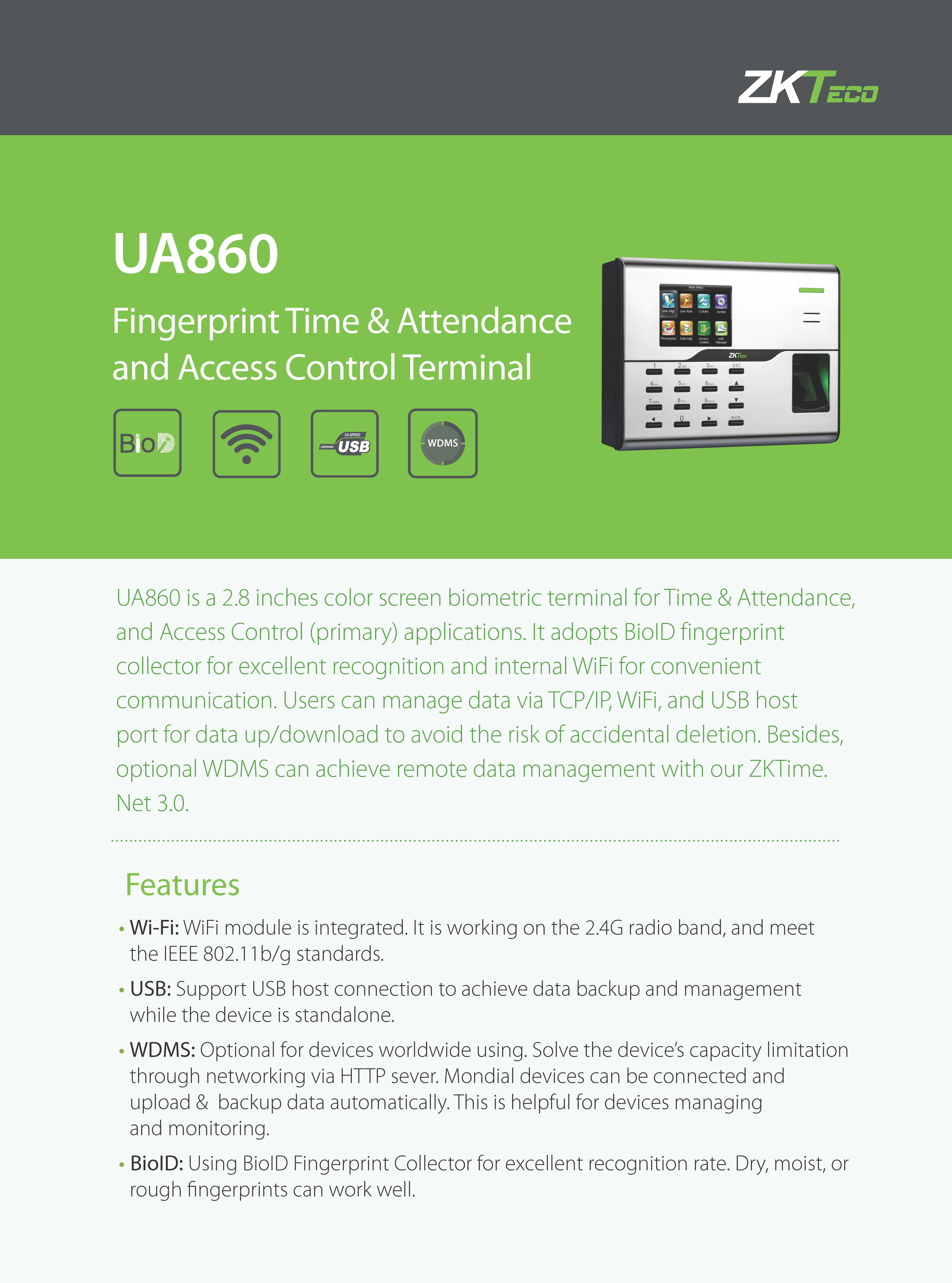 เครื่องสแกนลายนิ้วมือ Zkteco UA860