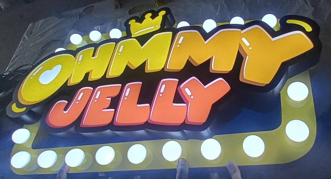 ป้ายไฟปิงปอง “OHMMY JELLY” | ป้ายขนมหวานดีไซน์น่ารักสดใส พร้อมไฟหัวกระสุนรอบกรอบโดดเด่นสะดุดตา