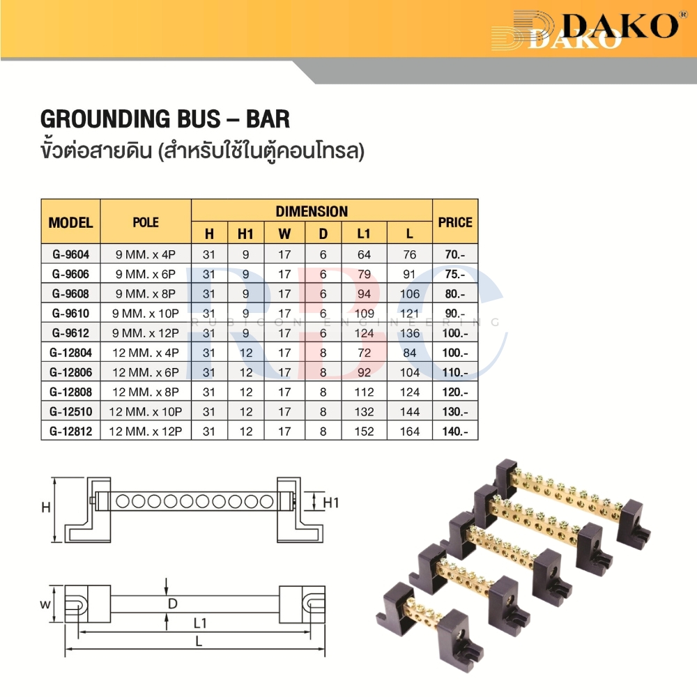 "DAKO" ขั้วต่อสายดิน บาร์กราวด์ สำหรับใช้ในตู้คอนโทรล (GROUNDING BUS–BAR)