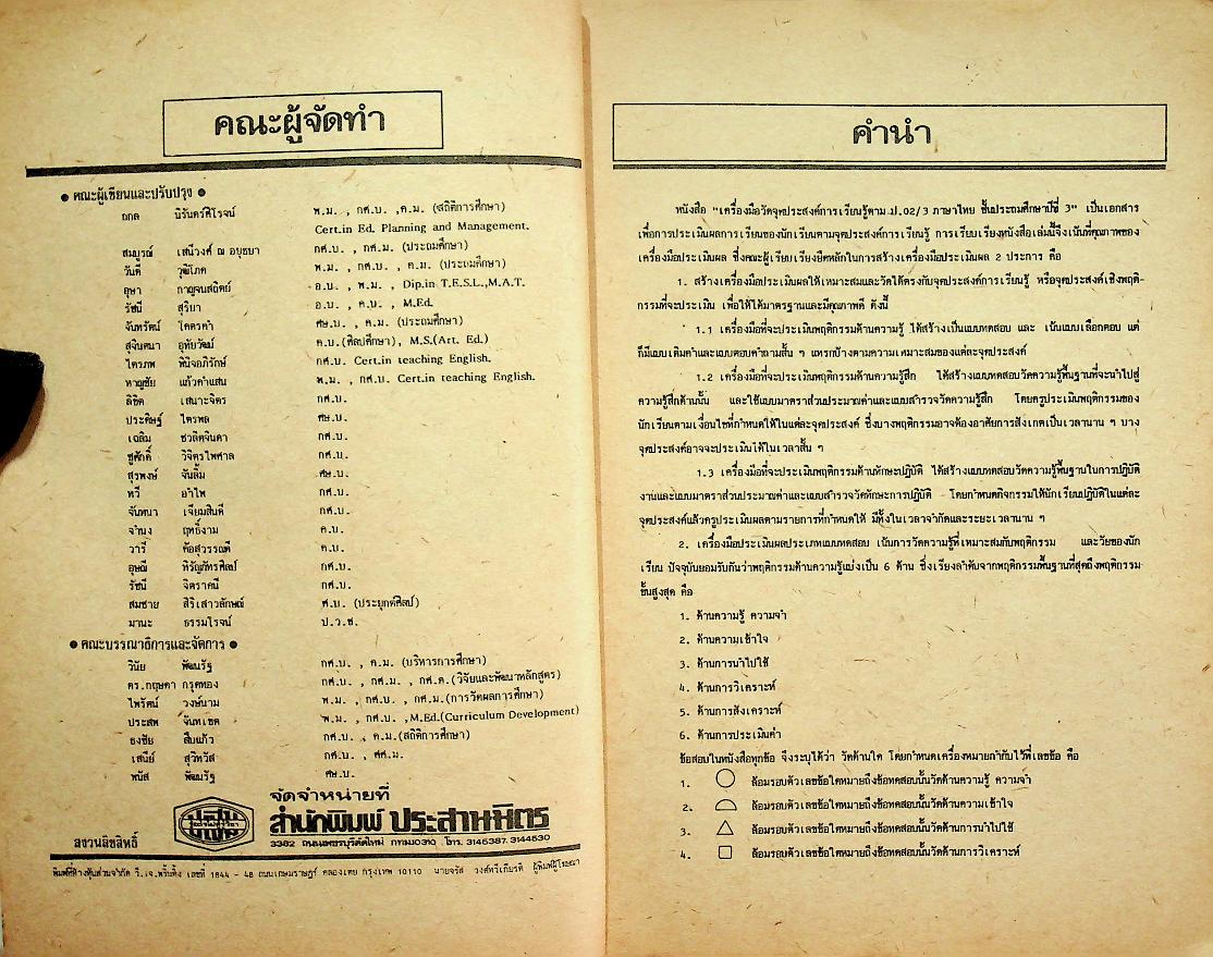 เฉลย เครื่องมือวัดจุดประสงค์การเรียนรู้ตาม ป.๐๒/๓ ภาคความรู้-ภาคปฏิบัติ ภาษาไทย ชั้นประถมศึกษาปีที่ ๓