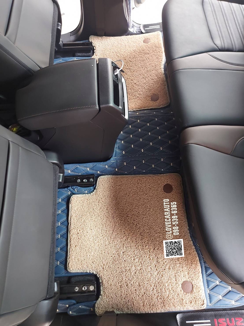 พรมปูพื้นรถยนต์ Isuzu Dmax 4Door 2023 vvip สีน้ำเงินด้ายทอง +ไวนิลครีม