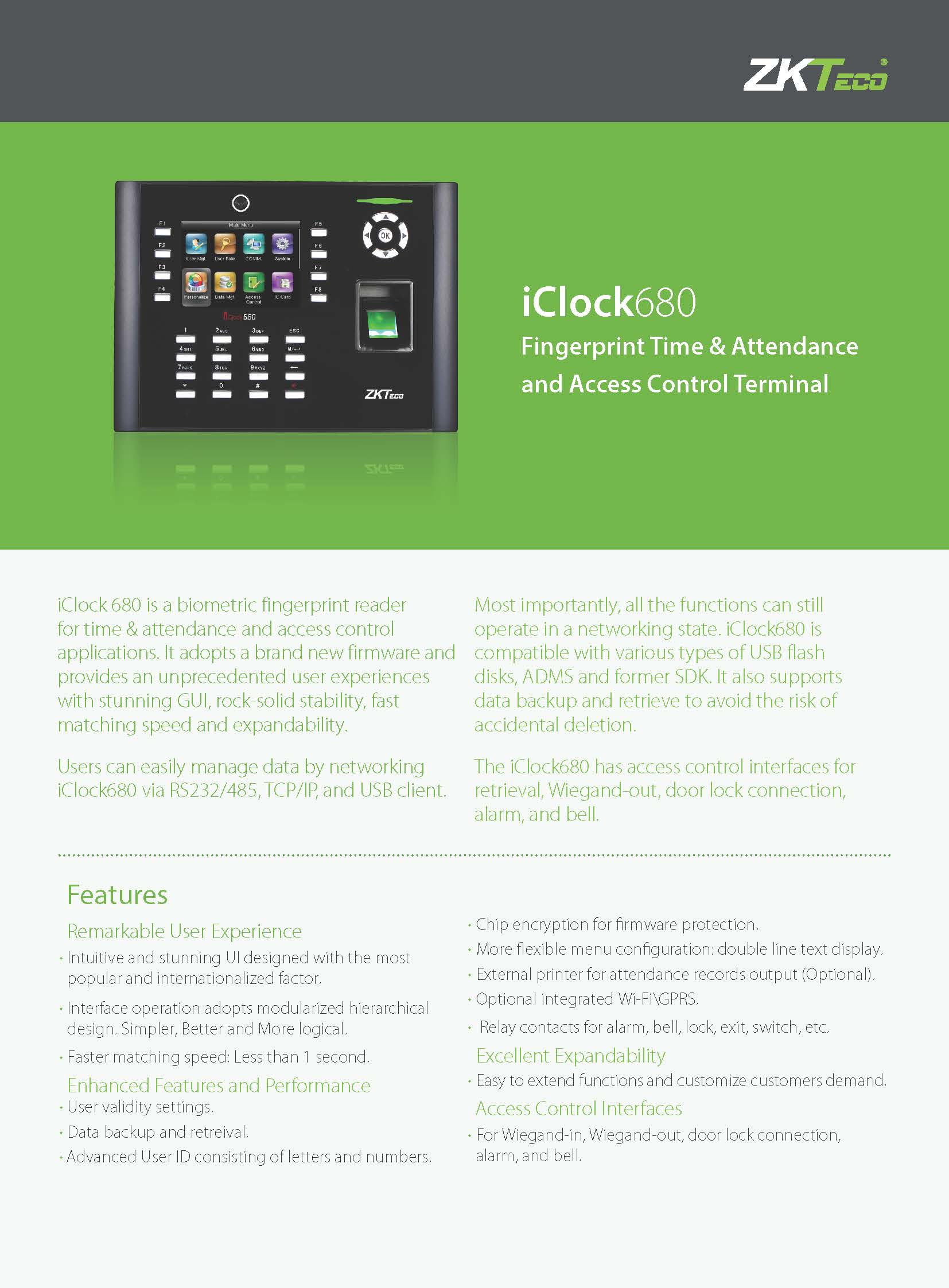 เครื่องสแกนลายนิ้วมือ Zkteco Iclock680