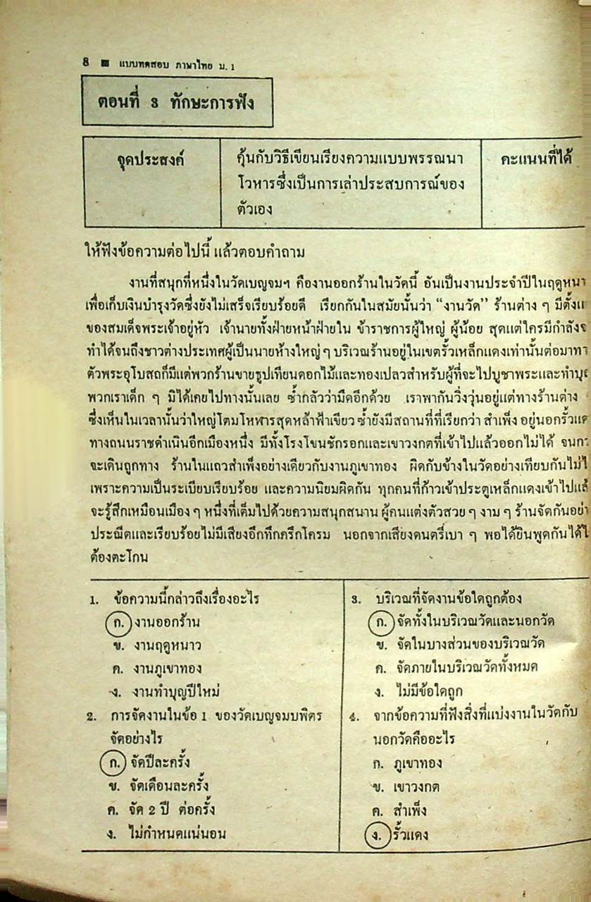 เฉลย แบบทดสอบประเมินผลตามจุดประสงค์การเรียนรู้ ภาษาไทย ท ๑๐๑ - ท ๑๐๒ ชั้นมัธยมศึกษาปีที่ ๑
