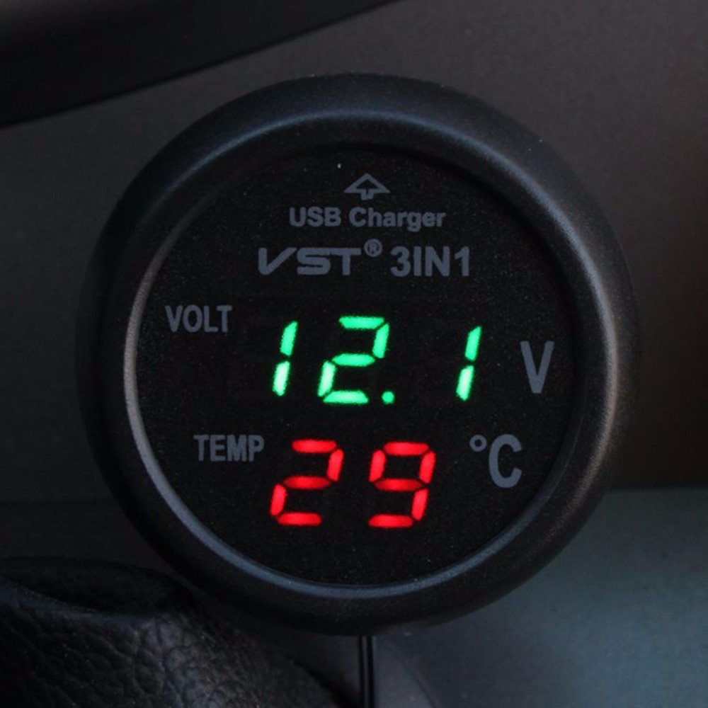 Multifunction Car Digital Voltmeter Thermometer USB Car Charger 3 in1