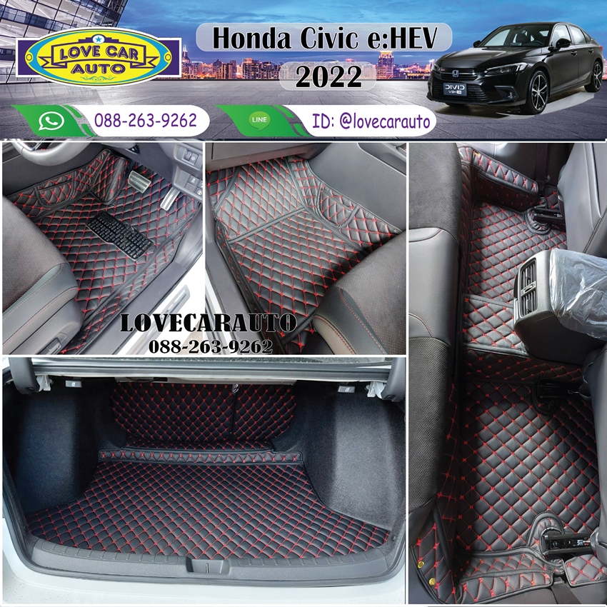 พรมปูพื้นรถยนต์ Honda civic EHEV 2022 สีดำด้ายแดง+แผ่นท้าย