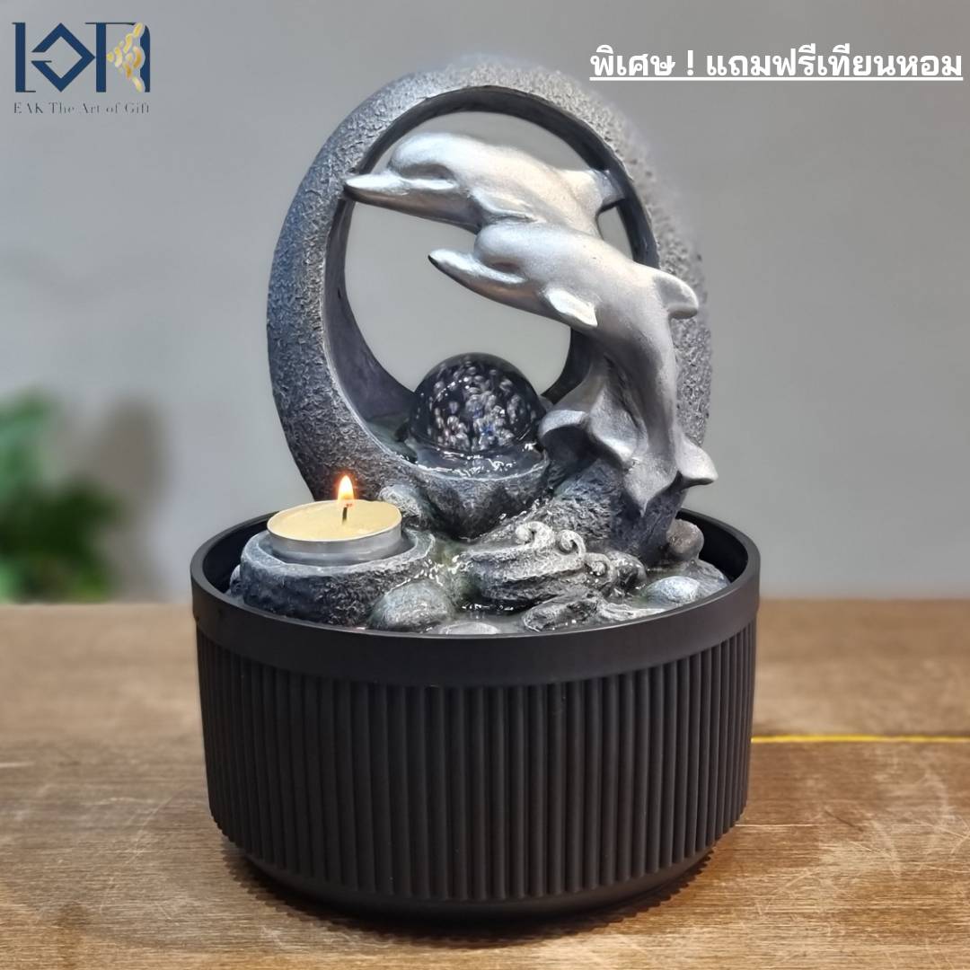 น้ำพุน้ำล้นตั้งโต๊ะ รุ่นปลาโลมาสีเงินรหัส7241233L น้ำตกเสริมฮวงจุ้ยตกแต่งบ้าน ของขวัญมงคลขึ้นบ้านใหม่ เปิดร้านใหม่