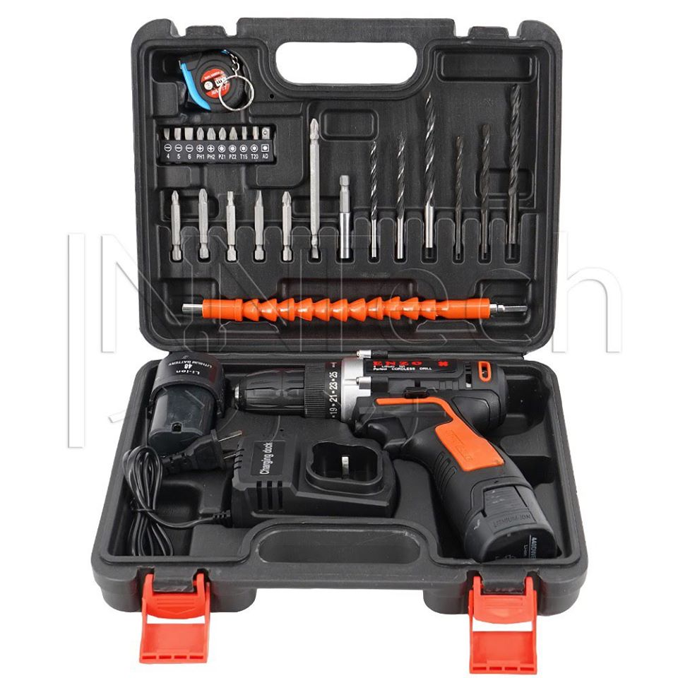 รหัสสินค้า 156 สว่านไร้สาย ENZO 48V รุ่นแบตเตอรี่ 2 ก้อน สำหรับเจาะปูน ไม้ เหล็ก ปรับสปีดได้ พร้อมแท่นชาร์จแบต สายอ่อน ดอกสว่าน และอุปกรณ์ครบชุด มากถึง 25 ชิ้น!