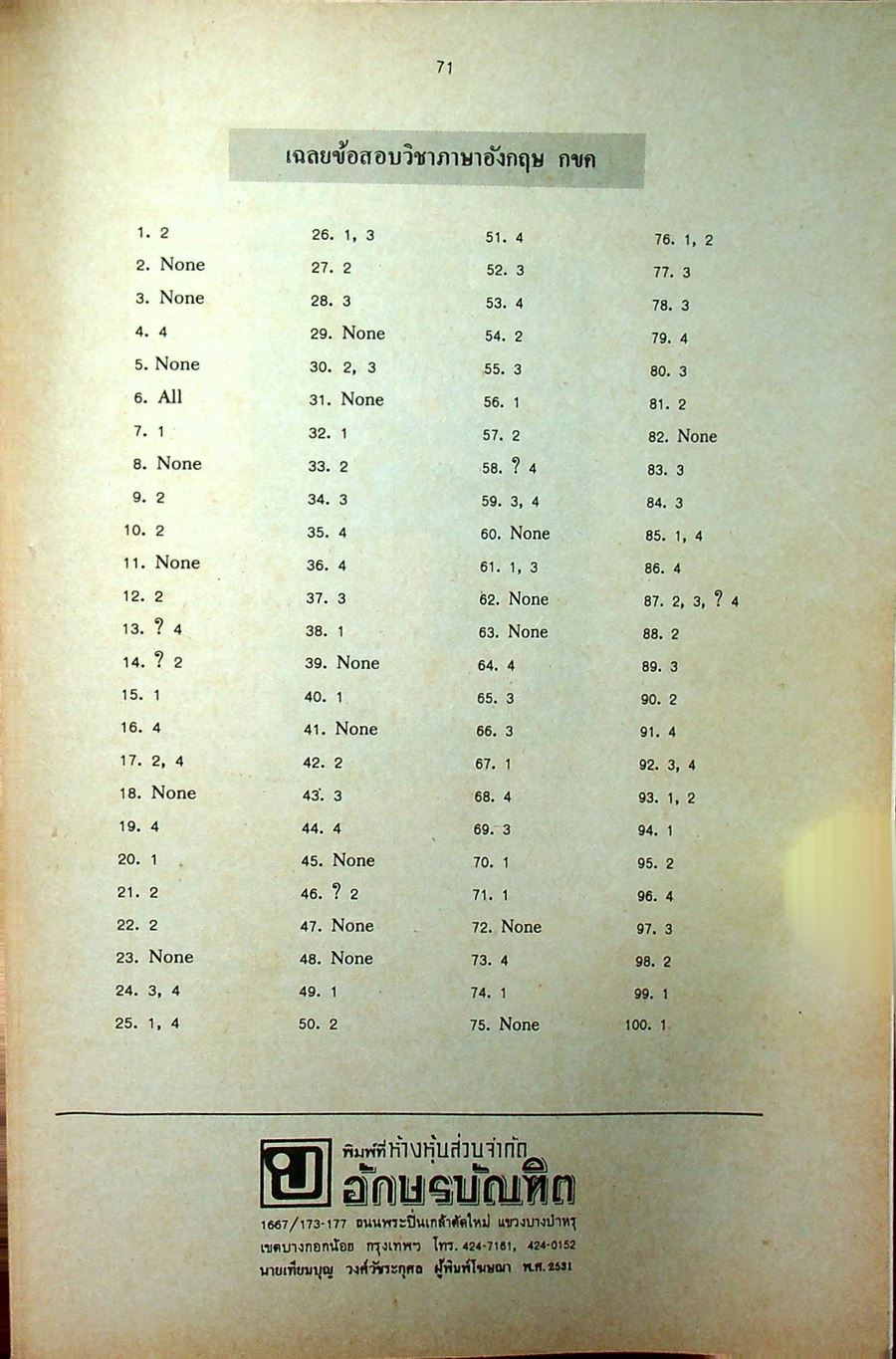 ข้อสอบเข้ามหาวิทยาลัย วิชาภาษาอังกฤษ ปี 2531 ENGLISH ENTRANCE EXAMINATIONS 1988