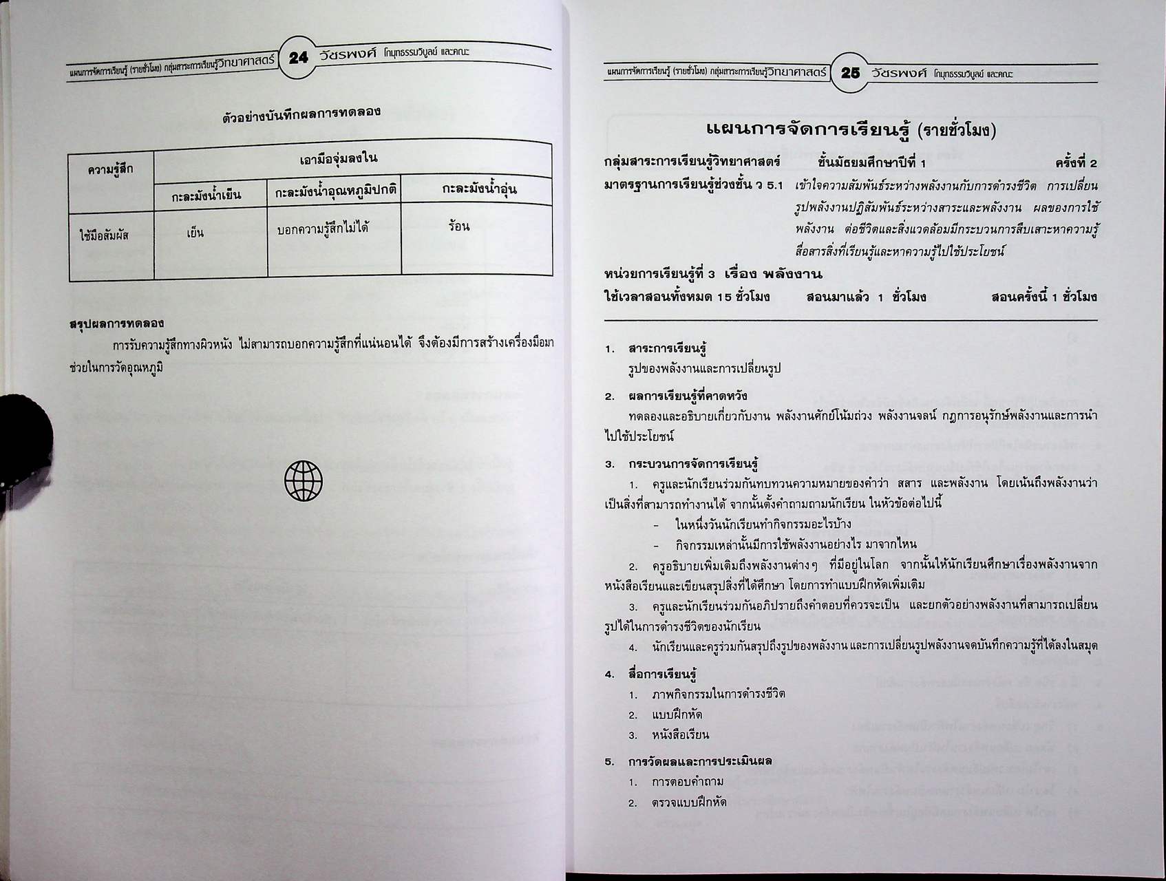 แผนการจัดการเรียนรู้ (รายชั่วโมง) กลุ่มสาระการเรียนรู้ วิทยาศาสตร์ ชั้นมัธยมศึกษาปีที่ ๑ ภาคเรียนที่ ๒