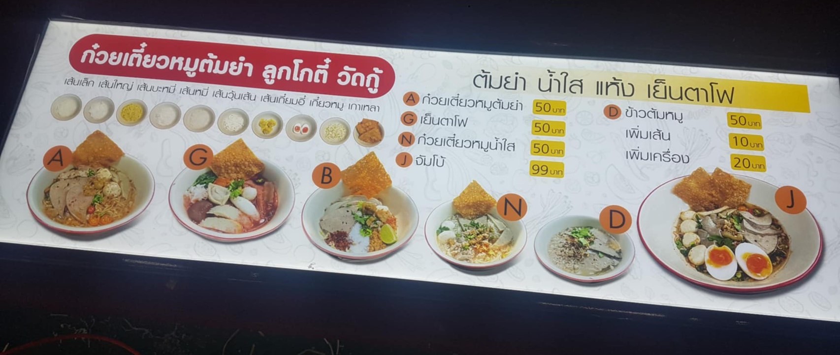 กรอบป้ายไฟเมนู ร้านก๋วยเตี๋ยวหมูต้มยำ ลูกโกตี๋ วัดกู้ | ป้าย LED แสดงเมนูชัดเจน พร้อมราคาสะดุดตา