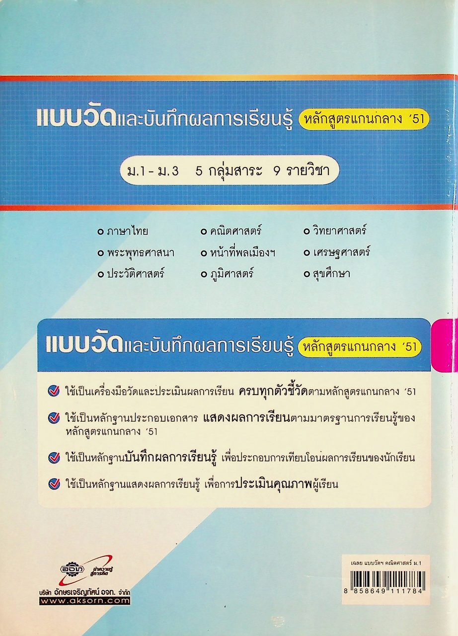 เฉลย แบบวัดและบันทึกผลการเรียนรู้ คณิตศาสตร์ ชั้นมัธยมศึกษาปีที่ 1