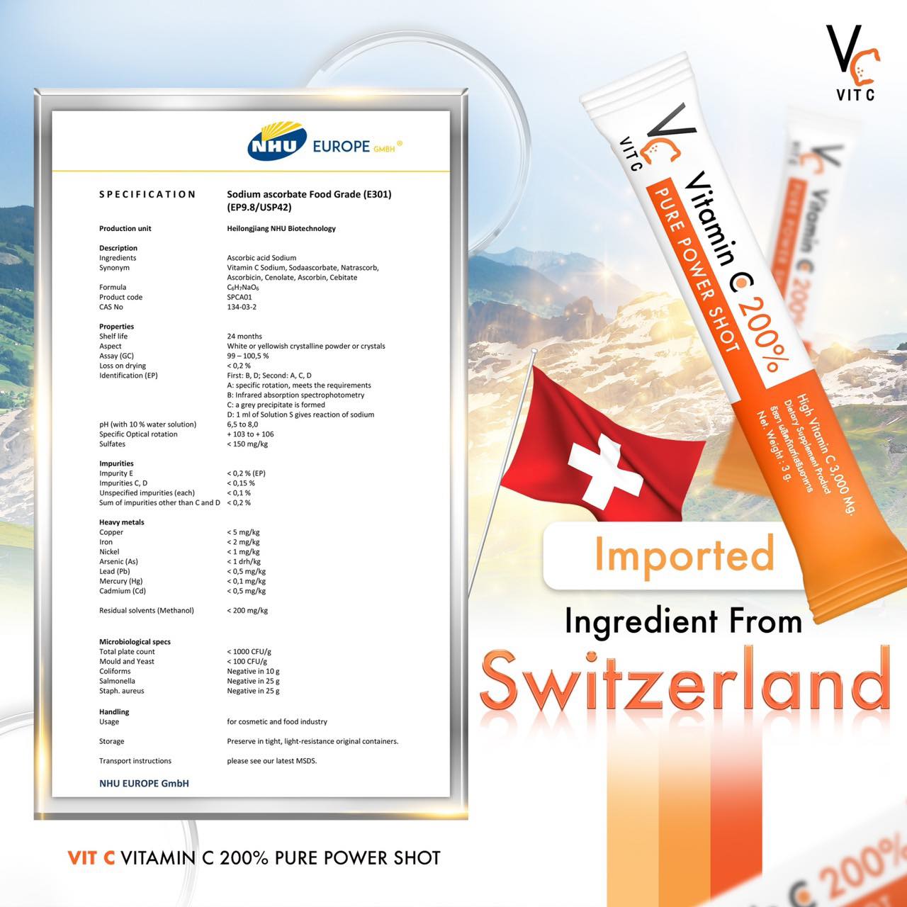 วิตามินซีเพียวน้องฉัตร VC Vit c Vitamin C 200% Pure Power Shot High Vitamin C14 ซอง