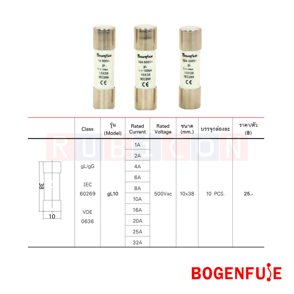 BOGENFUSE gL-10 10A 500V ฟิวส์กระบอก (CYLINDER FUSE) ขนาด 10 x 38 mm.