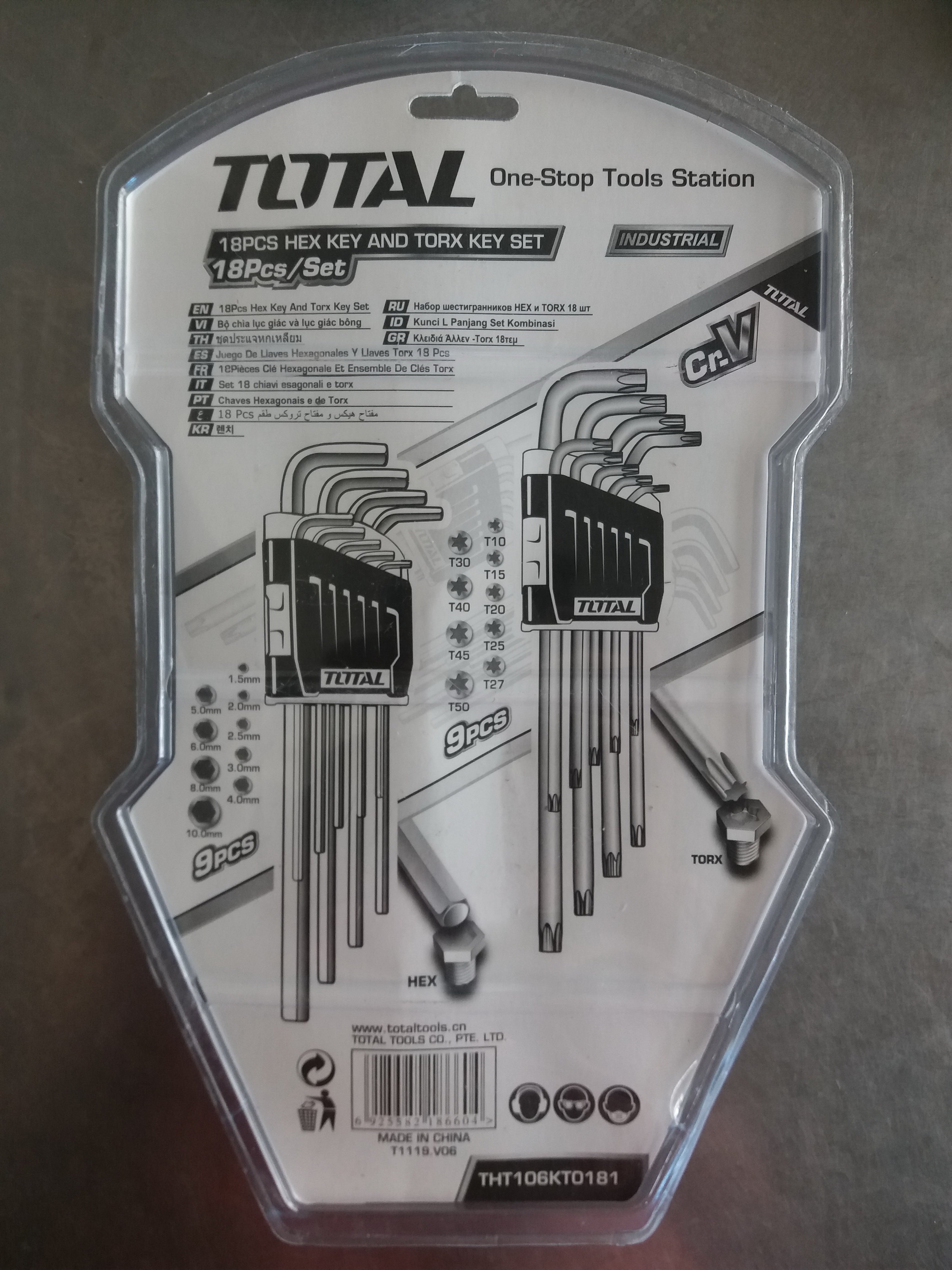 TOTAL ประแจหกเหลี่ยม รุ่น THT106KT0181 ชุดประแจ 18 ชิ้น/ชุด ยาว หัวตัด + หัวท๊อกซ์ ขนาด 1.5, 2, 2.5, 3, 4, 5, 6, 8, 10 มม.- หัวท๊อกซ์ ขนาด T10, T15, T20, T25, T27, T30, T40, T50 BBE
