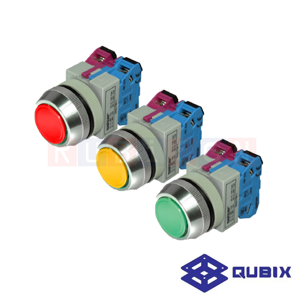QUBIX SA3-FM11 สวิตช์กด หัวเรียบ กดเด้งกลับ สีเขียว/แดง/เหลือง/น้ำเงิน CONTACT 1NO+1NC (CONTROL SWITCHES : Ø30 MM.)