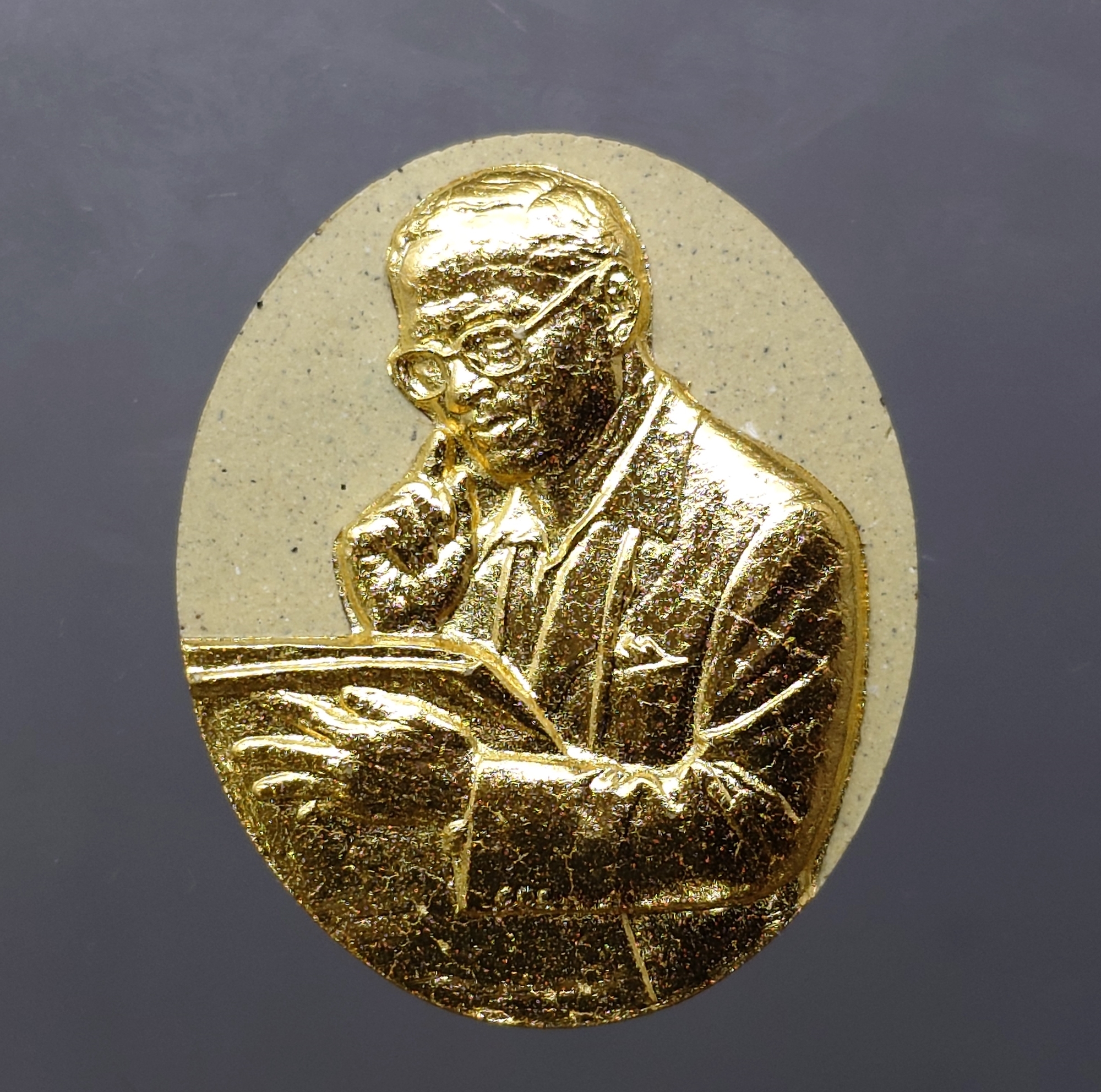 เหรียญรูปหล่อพระบาทสมเด็จพระเจ้าอยู่หัว เนื้อผง หน้าปิดทอง หลัง ภ.ป.ร. ปิดทอง โครงการ "เพราะแผ่นดินนี้ คือ แผ่นดินเกิด" ปี2551 ตลับเดิม