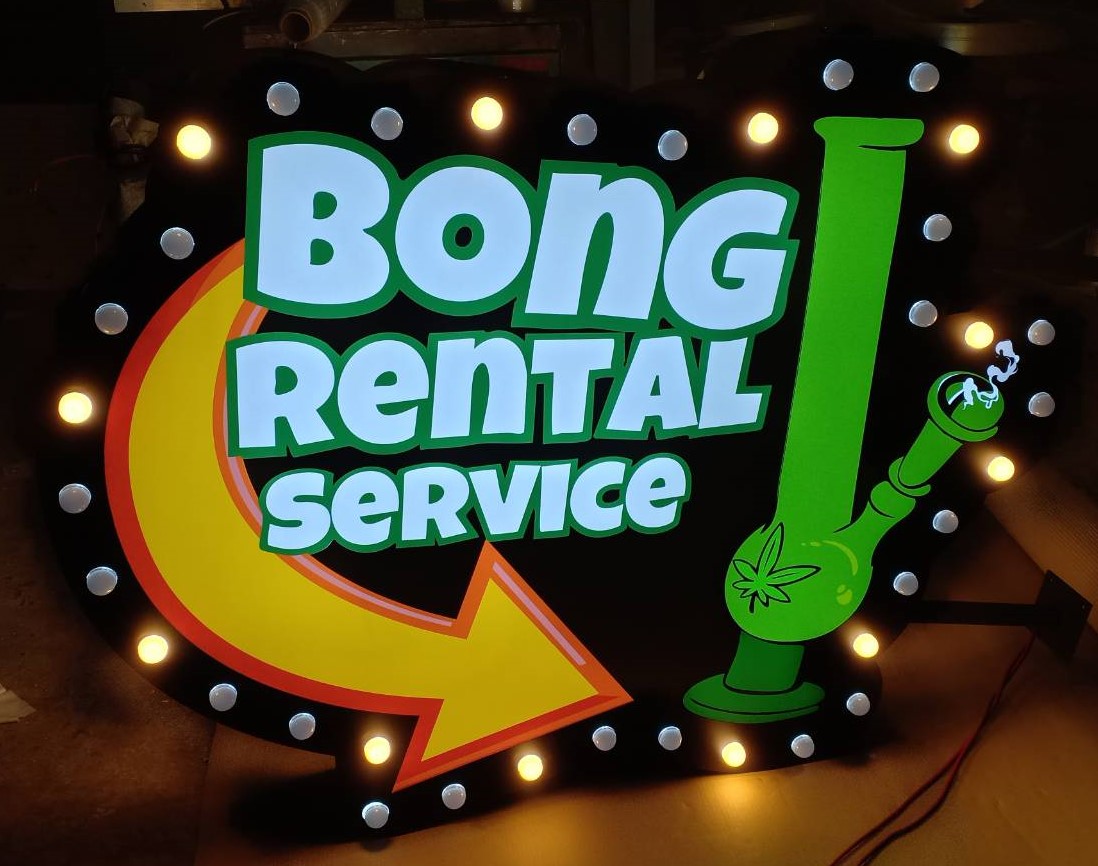 ป้ายไฟปิงปอง “Bong Rental Service” | ป้ายสไตล์เรโทร+แฟนซี สีสันจัดจ้านสะดุดตา พร้อมหลอดไฟหัวกระสุนสว่างทั่วกรอบ