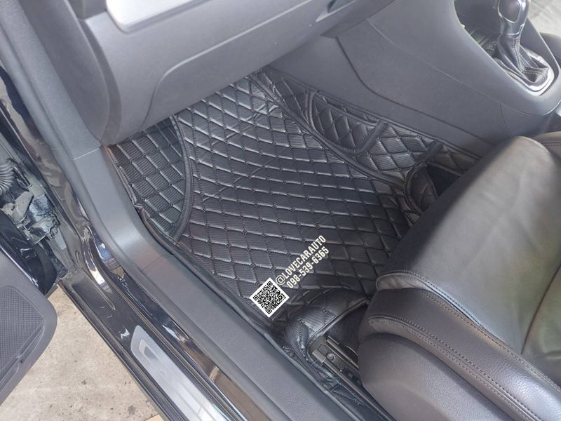 พรมปูพื้นรถยนต์ 6D Volkswagen Golf โฟล์คสวาเกนกอล์ฟ 2010 สีดำด้ายดำ ลายเคฟล่า + ท้ายกระดุมดำ