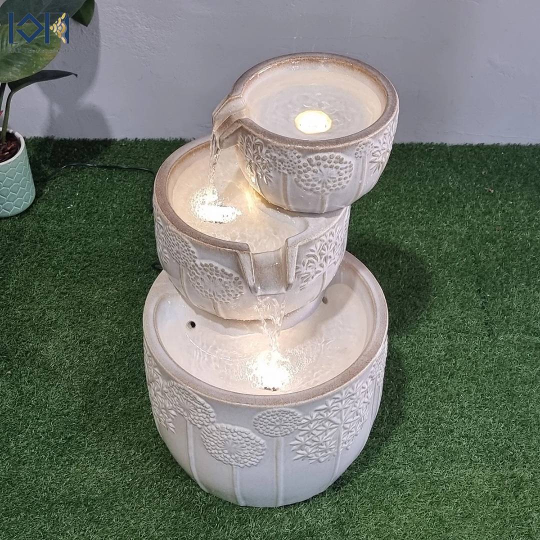 น้ำพุตั้งพื้นหน้าบ้าน รุ่นเซรามิก3ชั้นMZ16191BA น้ำพุหน้าบ้านแต่งสวนสวย เสริมฮวงจุ้ยบ้าน