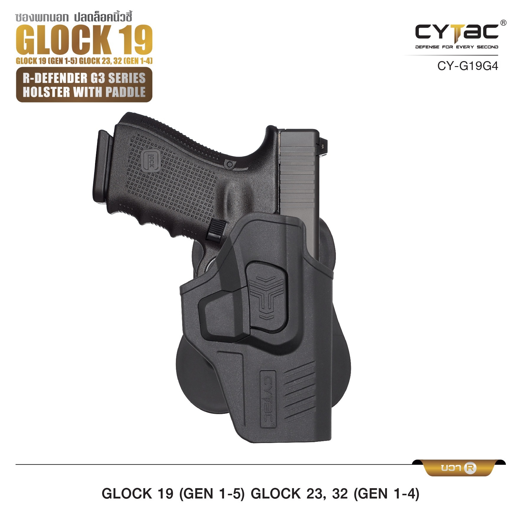 🇹🇭 652 ไทยแลนด์ แทคติคอล CYTAC ซองพกนอก ปลดล็อคนิ้วชี้ รุ่น GLOCK 19,23,32