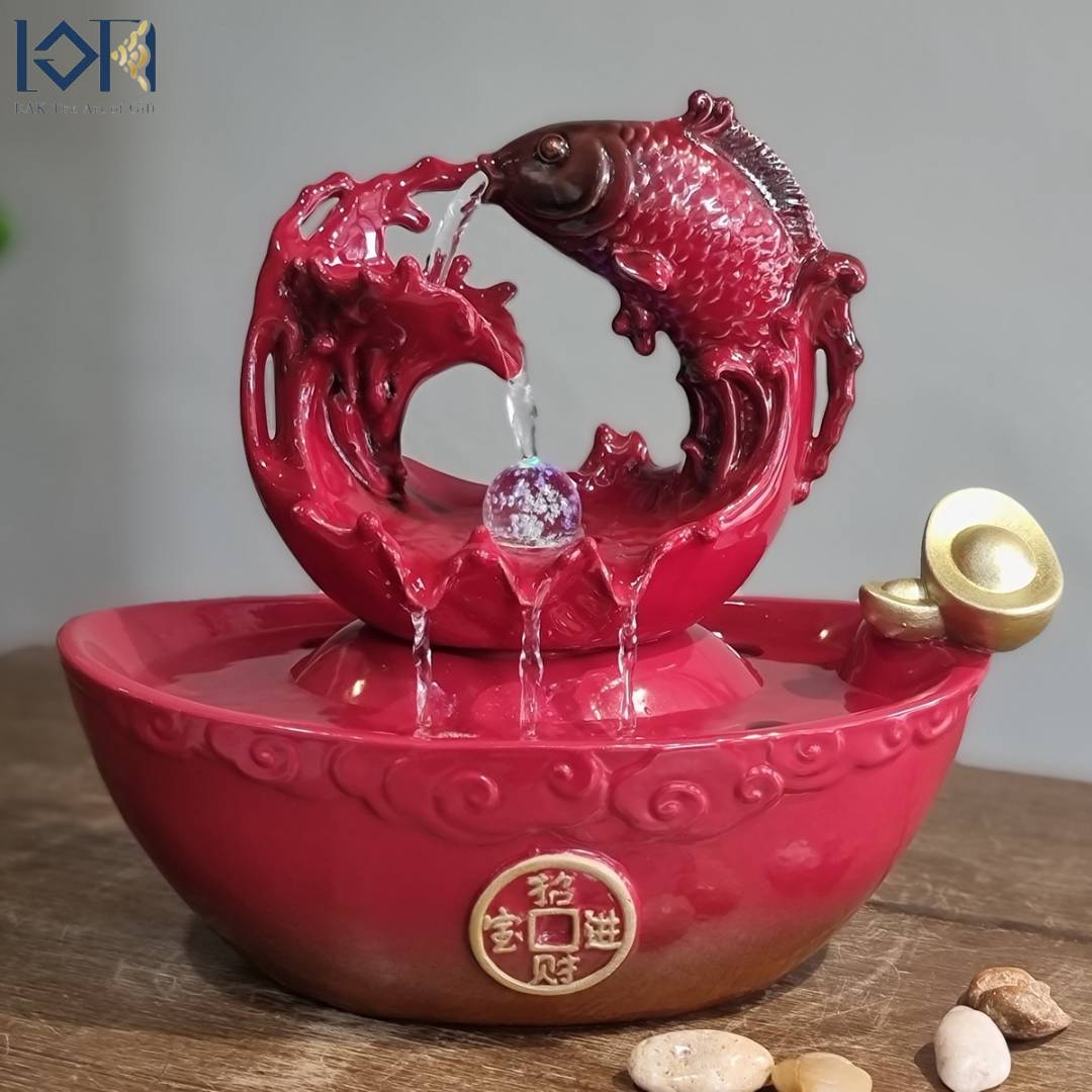 น้ำพุล้นตั้งโต๊ะ รุ่นปลามังกรสีแดงรหัสสินค้า10494-6 เสริมฮวงจุ้ยสริมทรัพย์มงคล ตกแต่งบ้านที่ทำงานร้านค้า ของขวัญ
