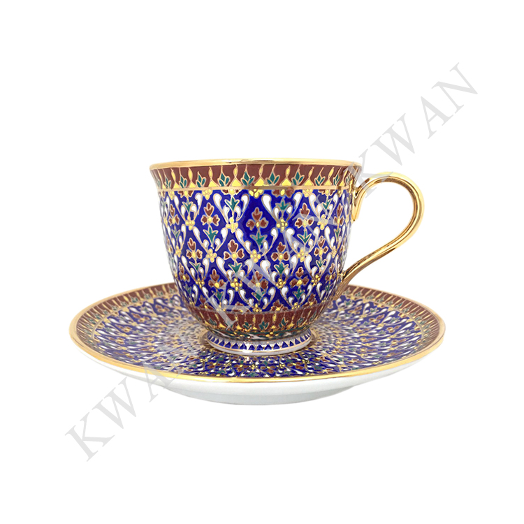KWAN ชุดกาแฟเบญจรงค์ ลายทรัพย์ศิริหูหวาย พื้นน้ำเงิน แบบที่ 2
