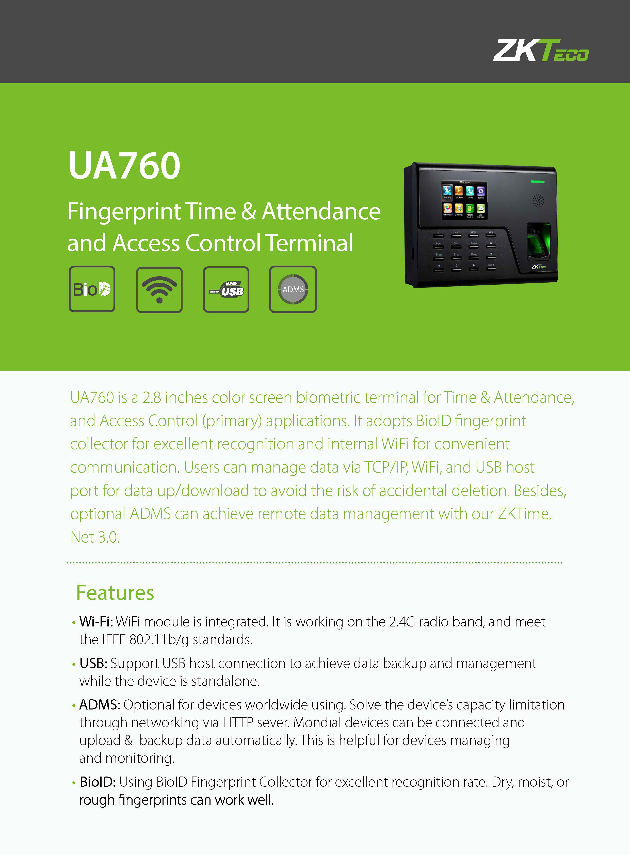 เครื่องสแกนลายนิ้วมือ Zkteco UA760