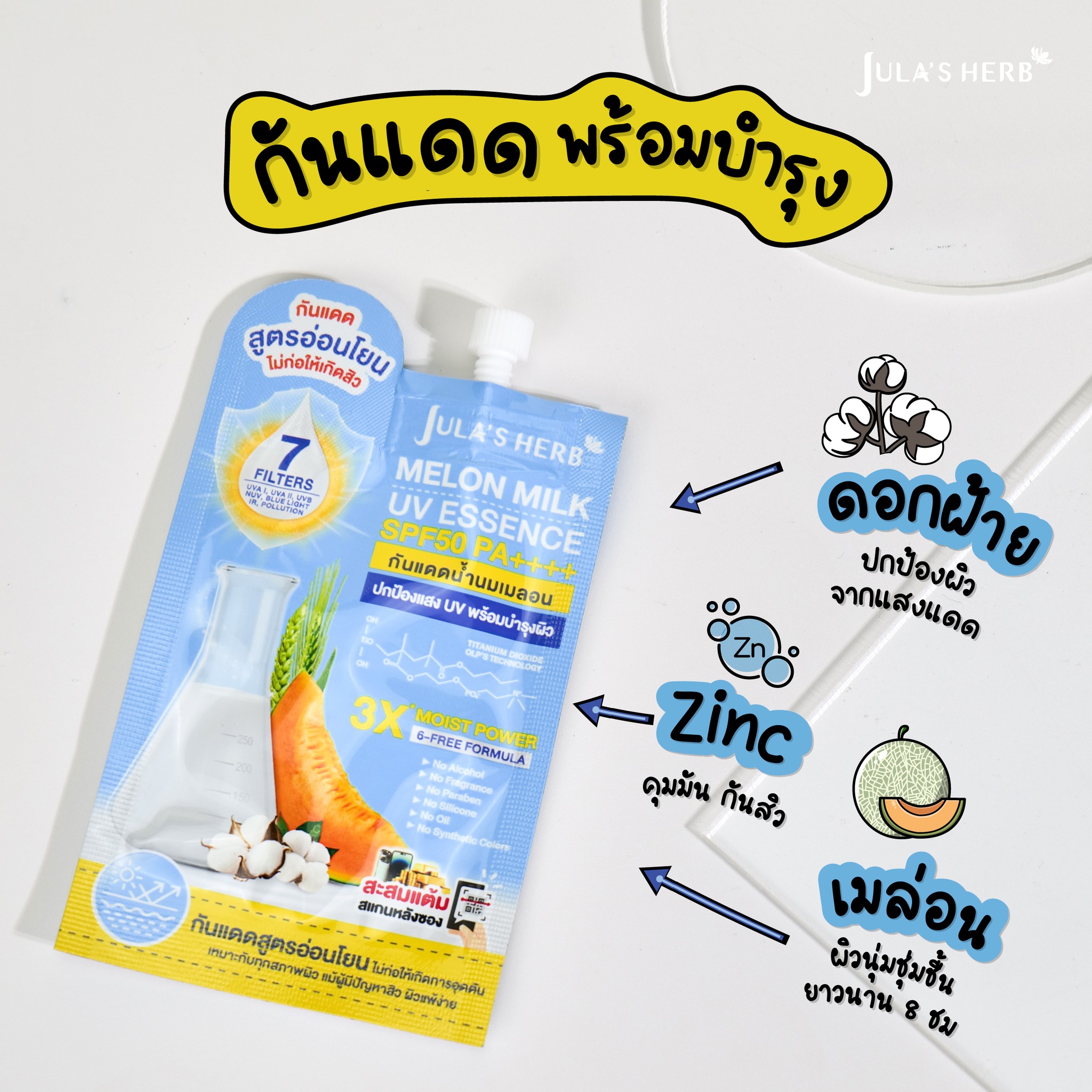 กันแดดนํ้านมเมลอน โฉมใหม่หน้าน้องพูห์ SENSITIVE SUNSCREEN สูตรอ่อนโยน จุฬาเฮิร์บ (1 กล่อง 6 ซอง)