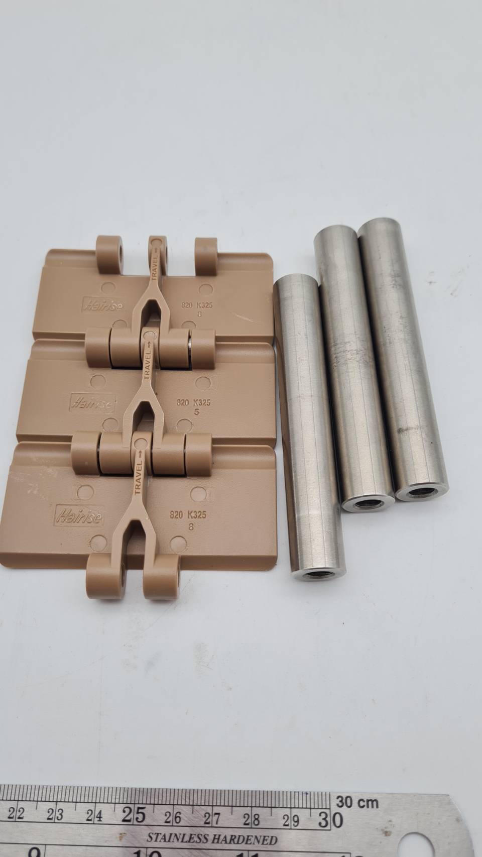 สายพาน Top chain แกนเพลาขนาด 16 มม ยาว 101 มม M8 SUS304 สำหรับประกอบโครงสายพาน Top chain.