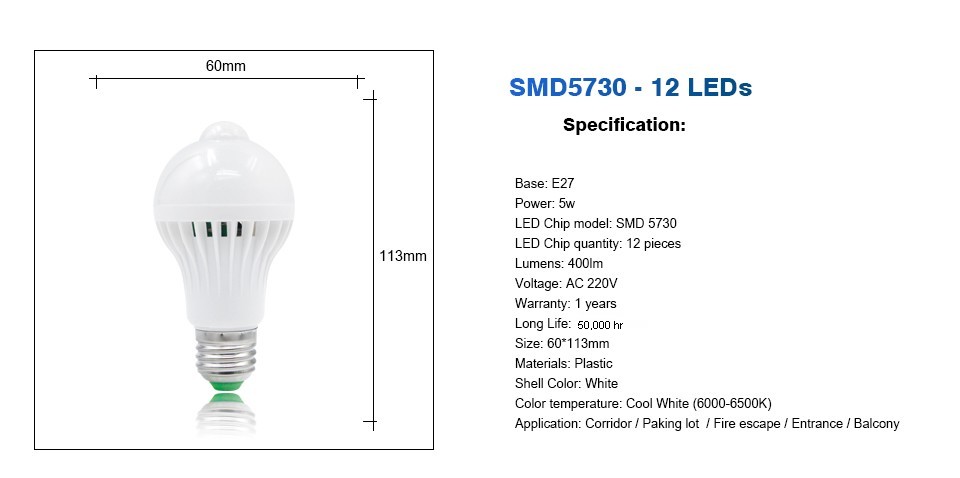 หลอดไฟมีเซ็นเซอร์ตรวจจับการเคลื่อนไหว LED PIR Motion Sensor E27 5w