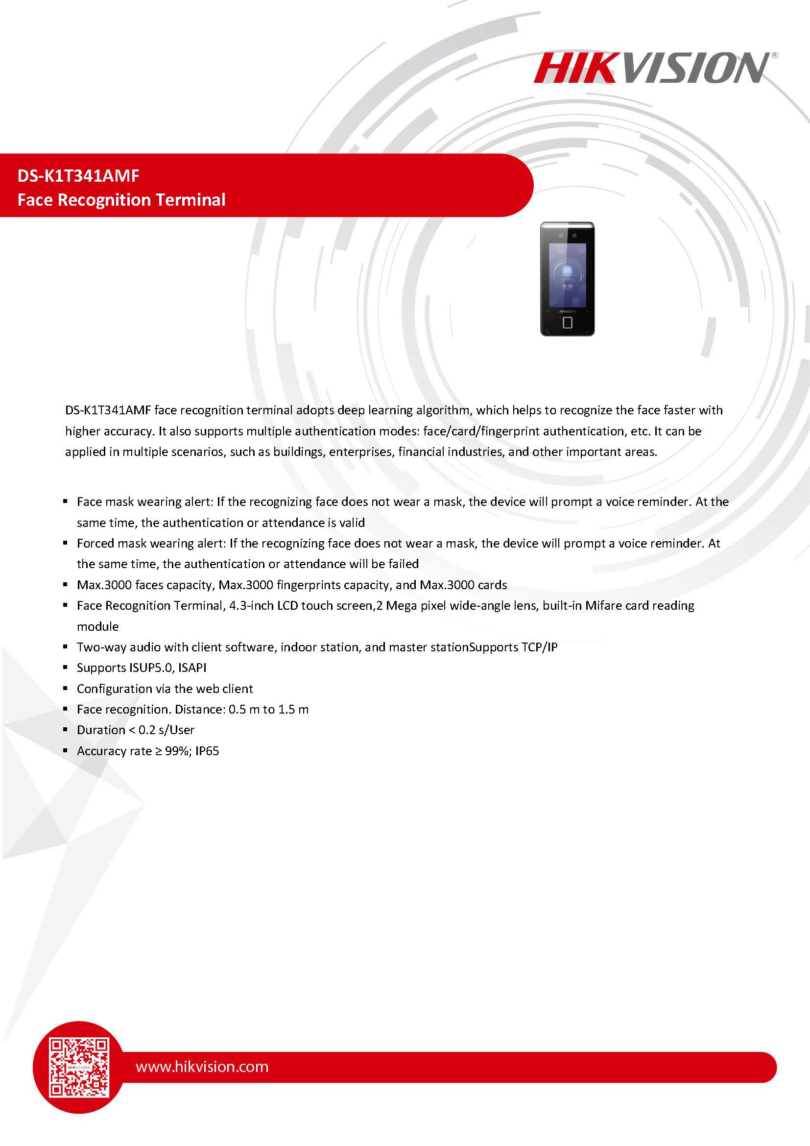 เครื่องสแกนจดจำใบหน้า Face Recognition Hikvision DS-K1T341AMF,Hikvision DS-DS-K1T341AMF,DS-K1T341AMF
