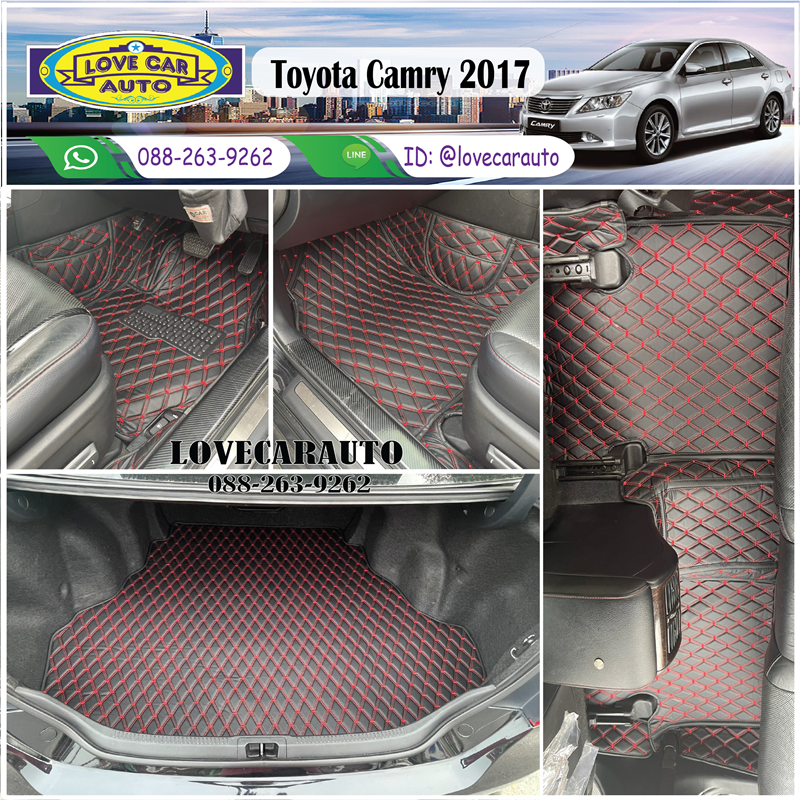 พรมปูพื้นรถยนต์ Toyota Camry 2017 สีดำด้ายแดง +ท้ายเก็บของ