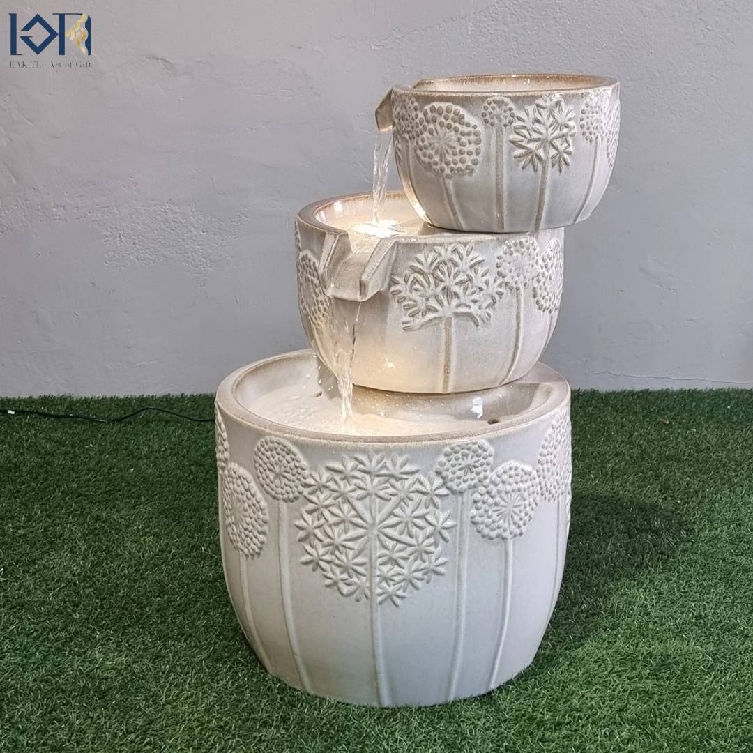 น้ำพุตั้งพื้นหน้าบ้าน รุ่นเซรามิก3ชั้นMZ16191BA น้ำพุหน้าบ้านแต่งสวนสวย เสริมฮวงจุ้ยบ้าน