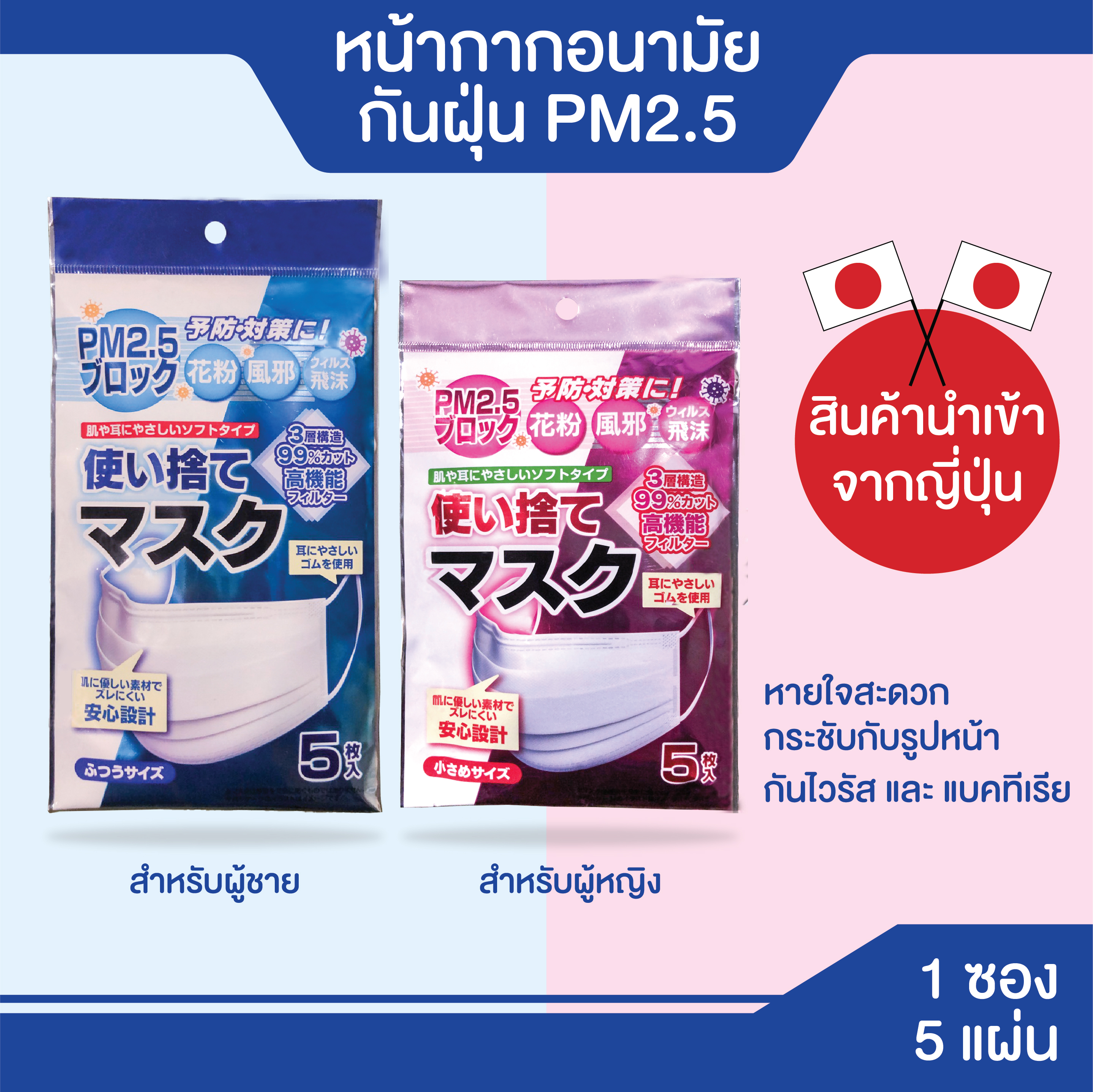 หน้ากากอนามัยกันฝุ่น PM2.5 สินค้านำเข้าจากญี่ปุ่น (5 แผ่น)