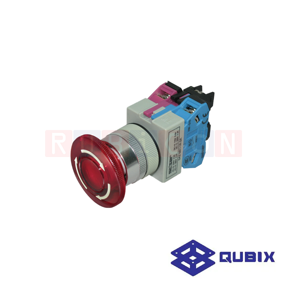 QUBIX SA2-MKL10R-2A สวิตช์กดดอกเห็ดล็อคมีแล้มป์ หมุนเด้งกลับ สีแดง (RED) LED 220VAC CONTACT 1NO (ILLUMINATED CONTROL SWITCHES : Ø22/25 MM.)