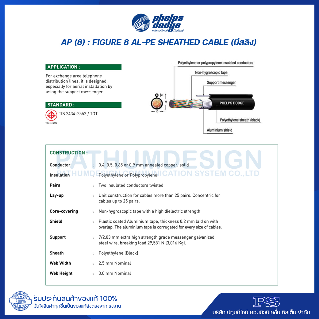 สายโทรศัพท์ยี่ห้อ Phelps Dodge AP (FIG8) (มีสลิง) ขนาด 0.65 sq.mm.