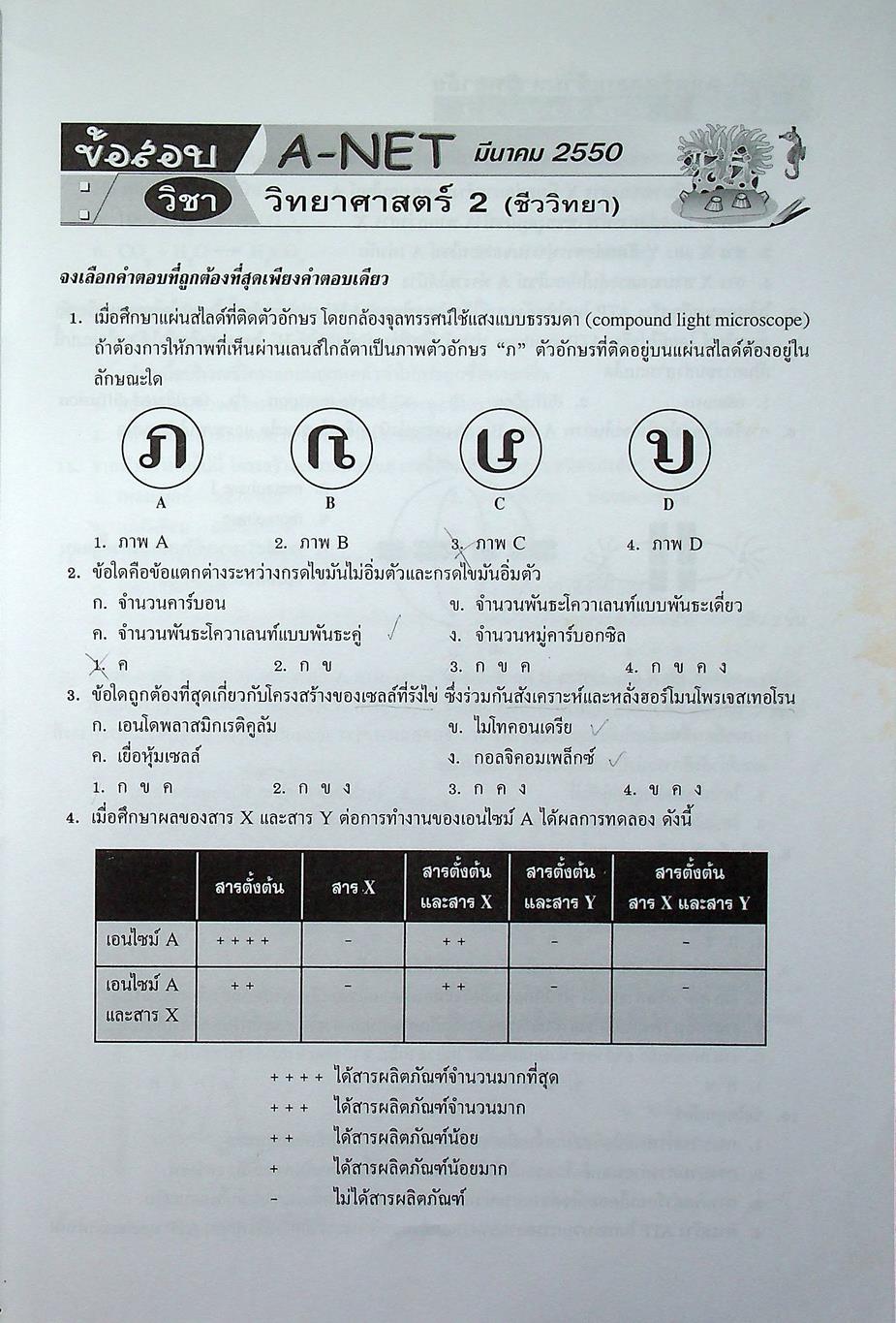 เฉลยข้อสอบเข้ามหาวิทยาลัย ชีววิทยา ฉบับรวมหลาย พ.ศ.