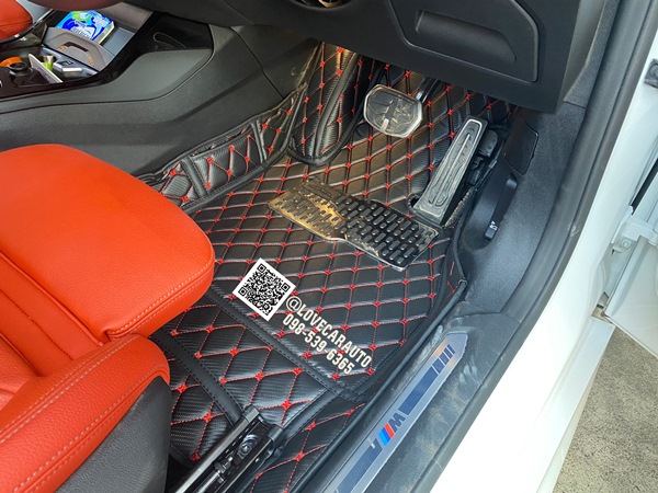 พรมปูพื้นรถยนต์ 6D BMW 220i Coupe พรมหนังลายเคฟล่าสีดำด้ายแดง