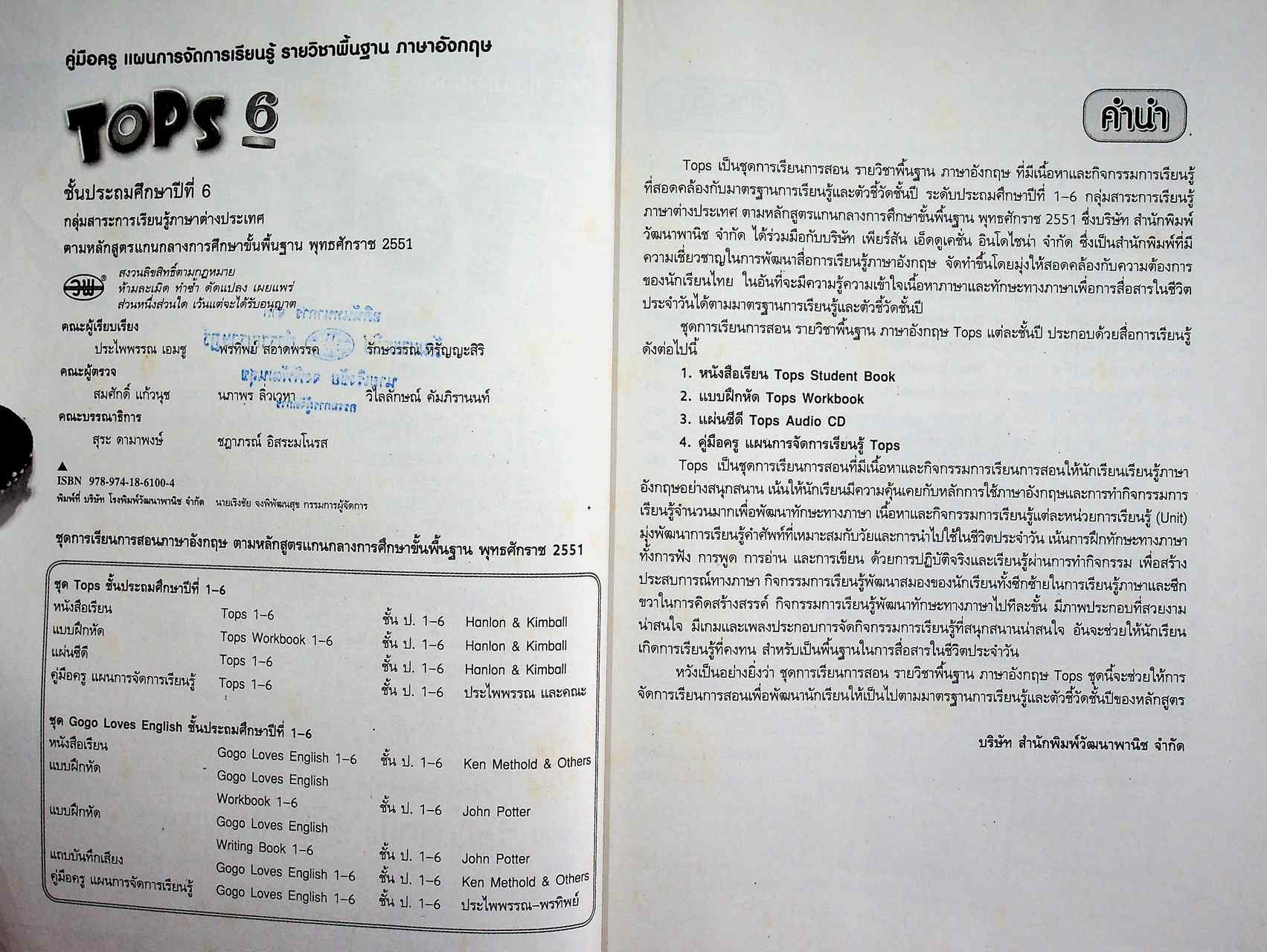 คู่มือครู แผนการจัดการเรียนรู้ รายวิชาพื้นฐาน ภาษาอังกฤษ TOPS 6 ชั้นประถมศึกษาปีที่ 6