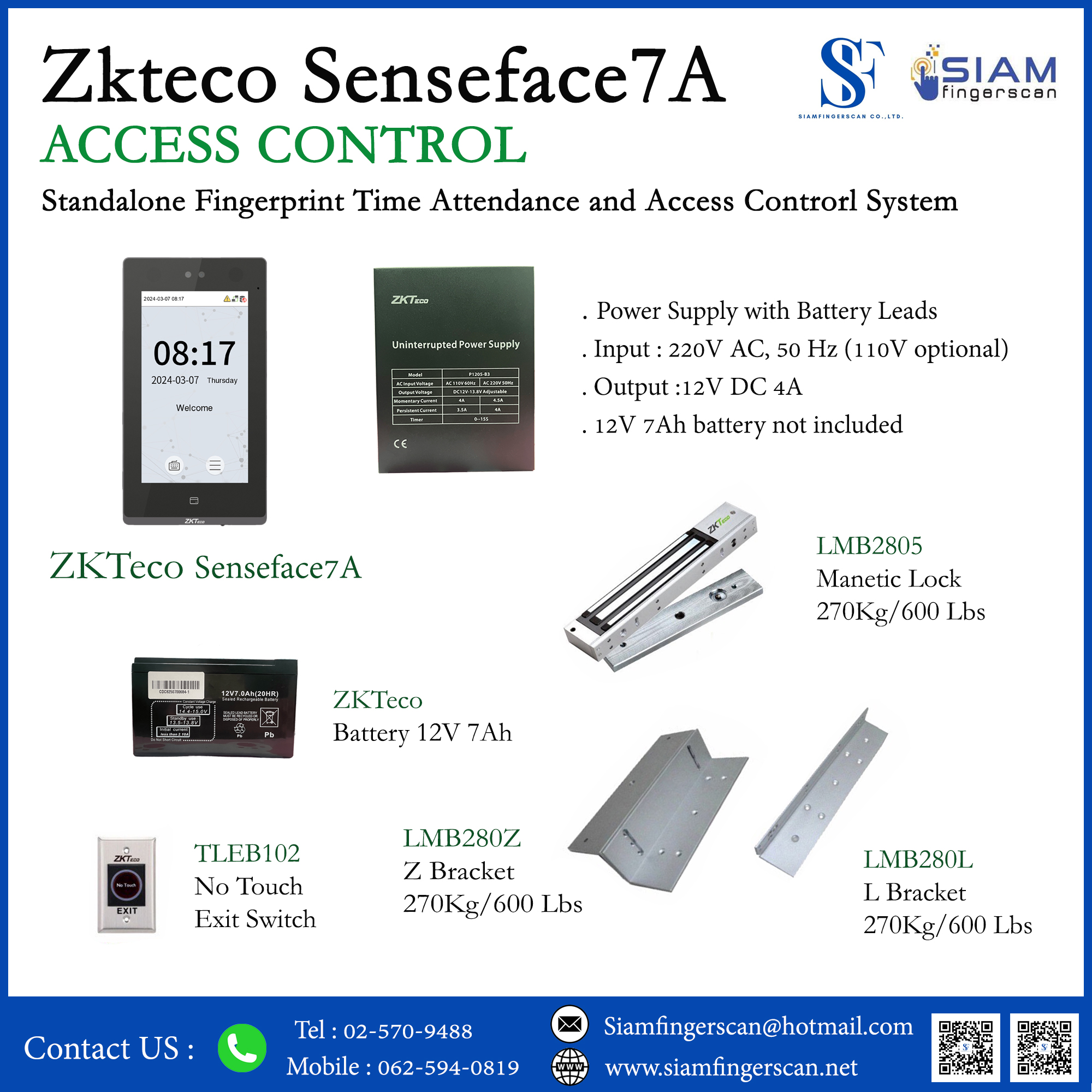 เครื่องสแกนใบหน้า Zkteco Senseface7A