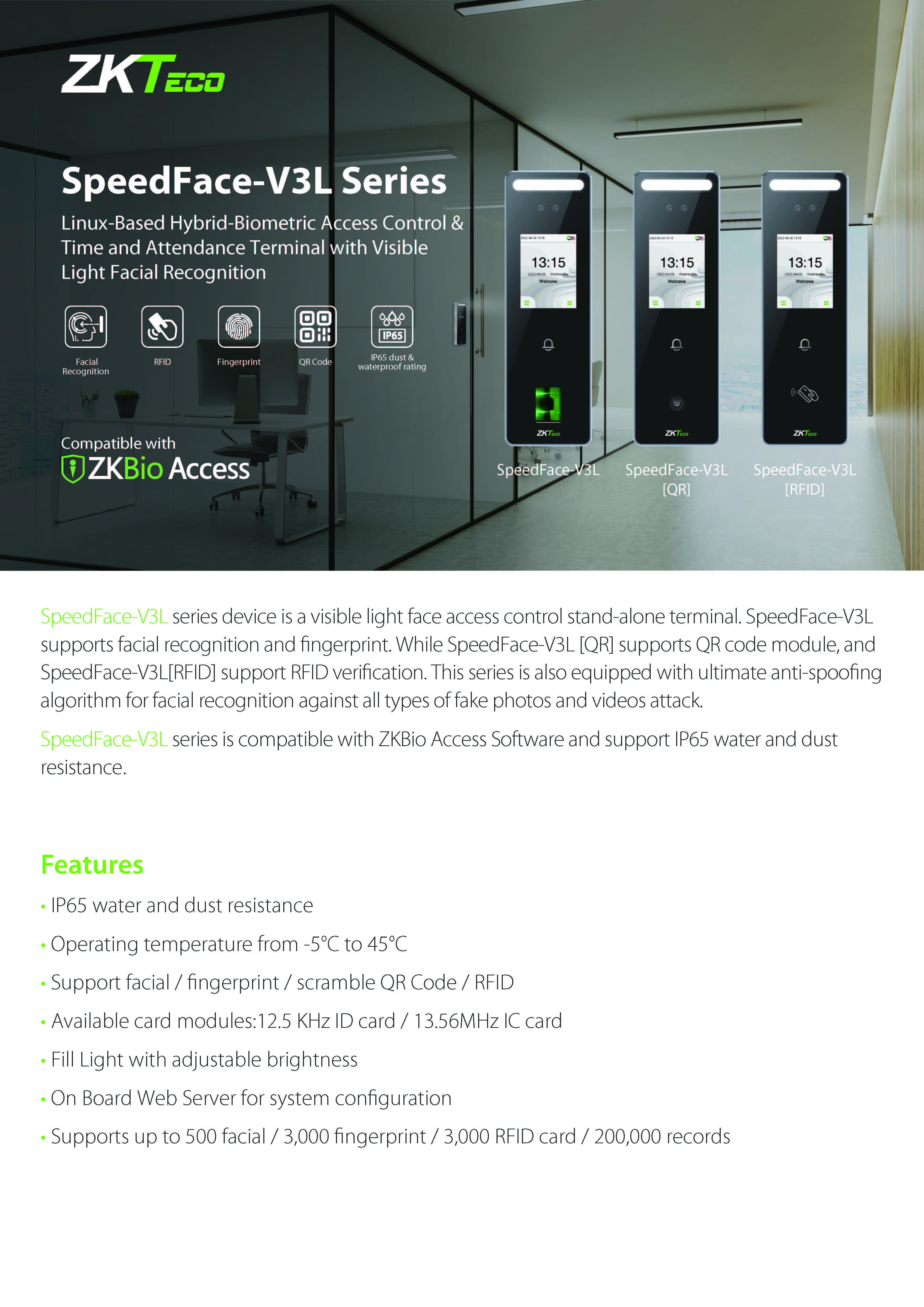 เครื่องสแกนใบหน้า Zkteco SpeedFace-V3L