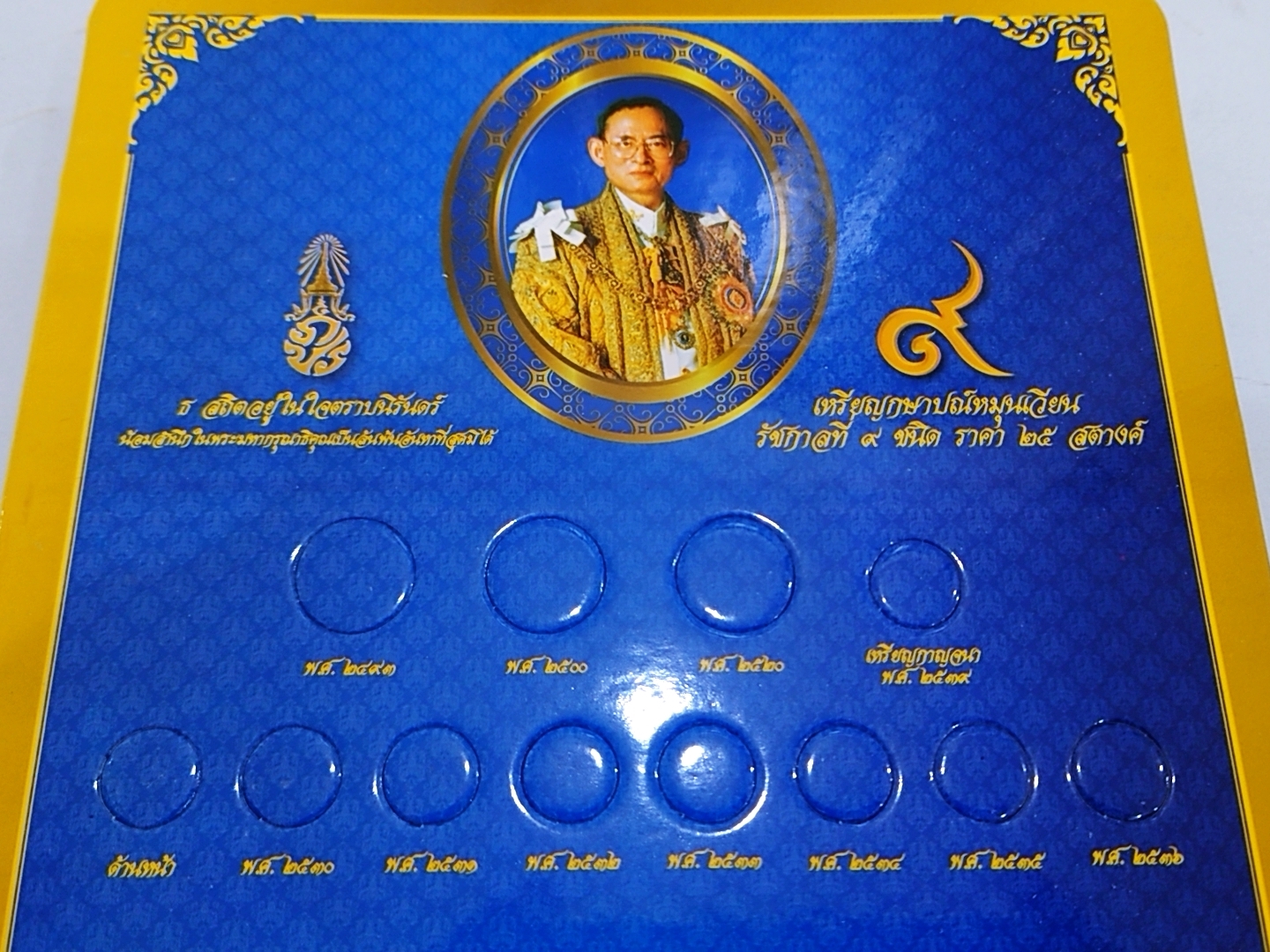 แผงใส่เหรียญ 25 สตางค์ หมุนเวียน รัชกาลที่ 9 ครบชุด 33 ช่อง สีแดง/น้ำเงิน แผงเปล่าใส่เหรียญ คุณภาพดี