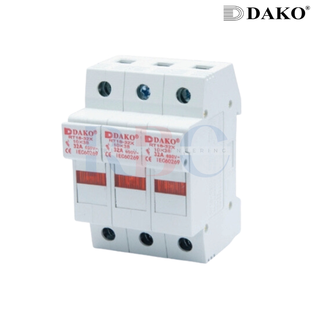 "DAKO" RT18-32X 3P 32A 690V ฐานฟิวส์แบบเข้ารางปีกนก (มีไฟ)ฐานฟิวส์แบบเข้ารางปีกนก (มีไฟ) ( RAIL MOUNT FUSE HOLDER WITH INDICATOR )