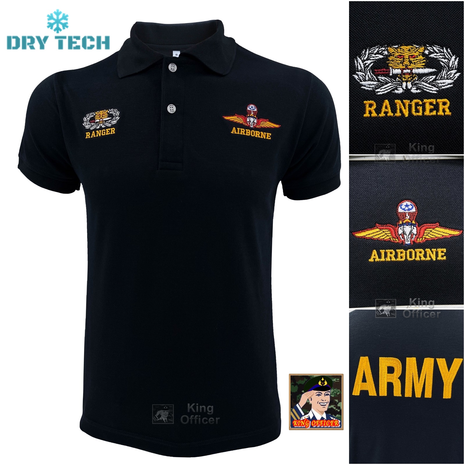 เสื้อโปโล รบพิเศษ สีดำ ปัก ส่งทางอากาศ กองทักบก ทบ จู่โจม เสือคาบดาบ RANGER ปีกร่ม AIRBORNE(มีชำระปลายทาง)