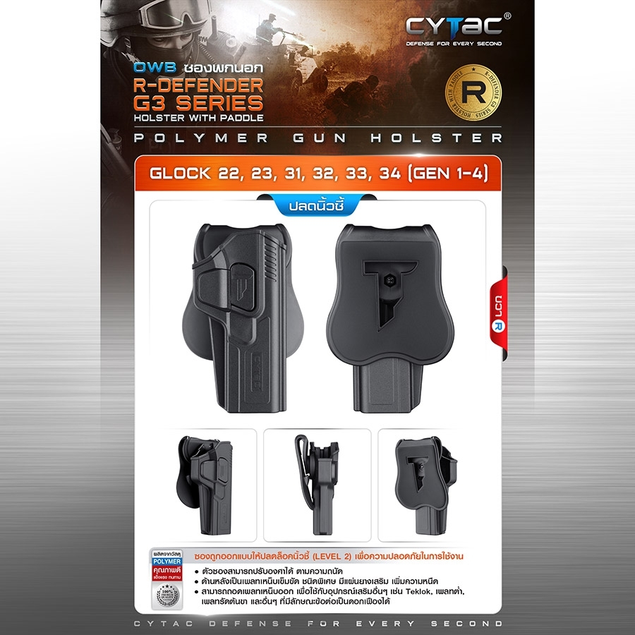 🇹🇭 655 ไทยแลนด์ แทคติคอล CYTAC ซองพกนอก ปลดล็อคนิ้วชี้ รุ่น GLOCK 22,23,31,33,34 (ดำ ขวา)