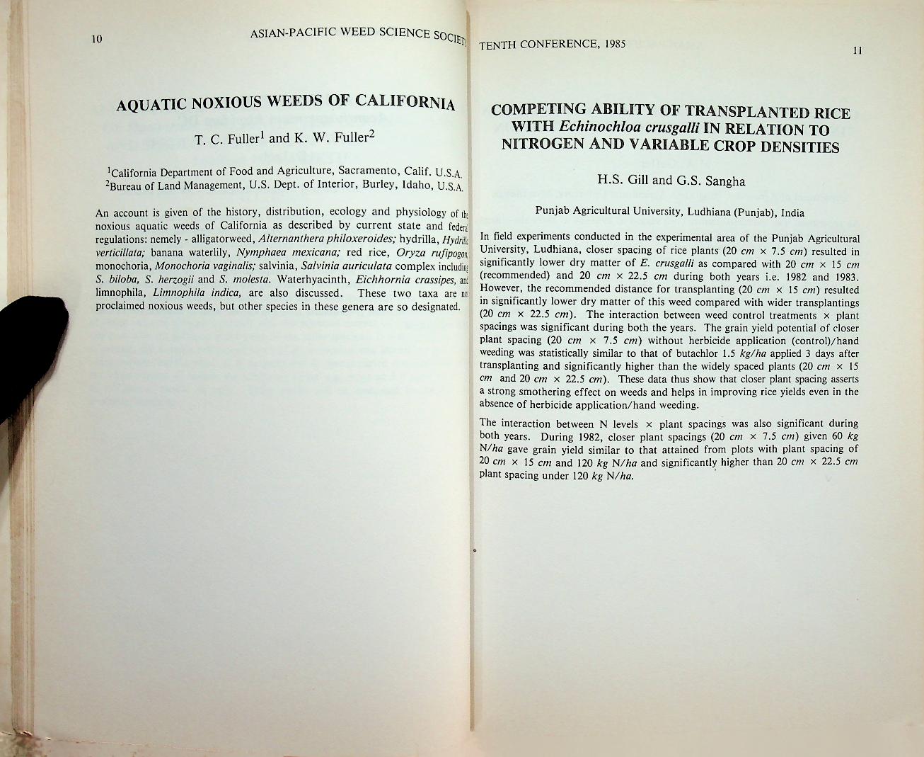 ABSTRACTS : THE TENTH CONFERENCE OF THE ASIAN-PACIFIC WEED SCIENCE SOCIETY 1985