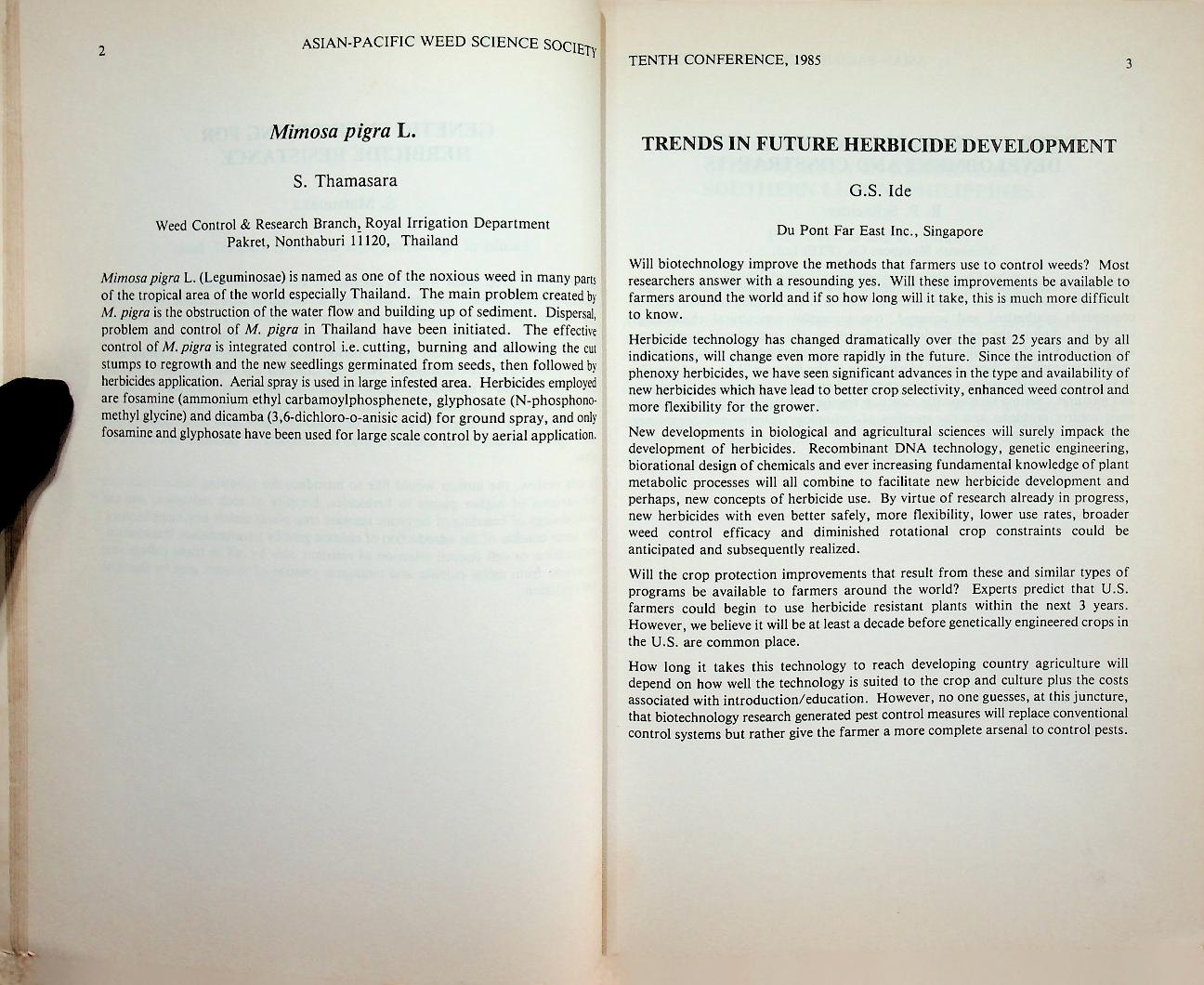 ABSTRACTS : THE TENTH CONFERENCE OF THE ASIAN-PACIFIC WEED SCIENCE SOCIETY 1985