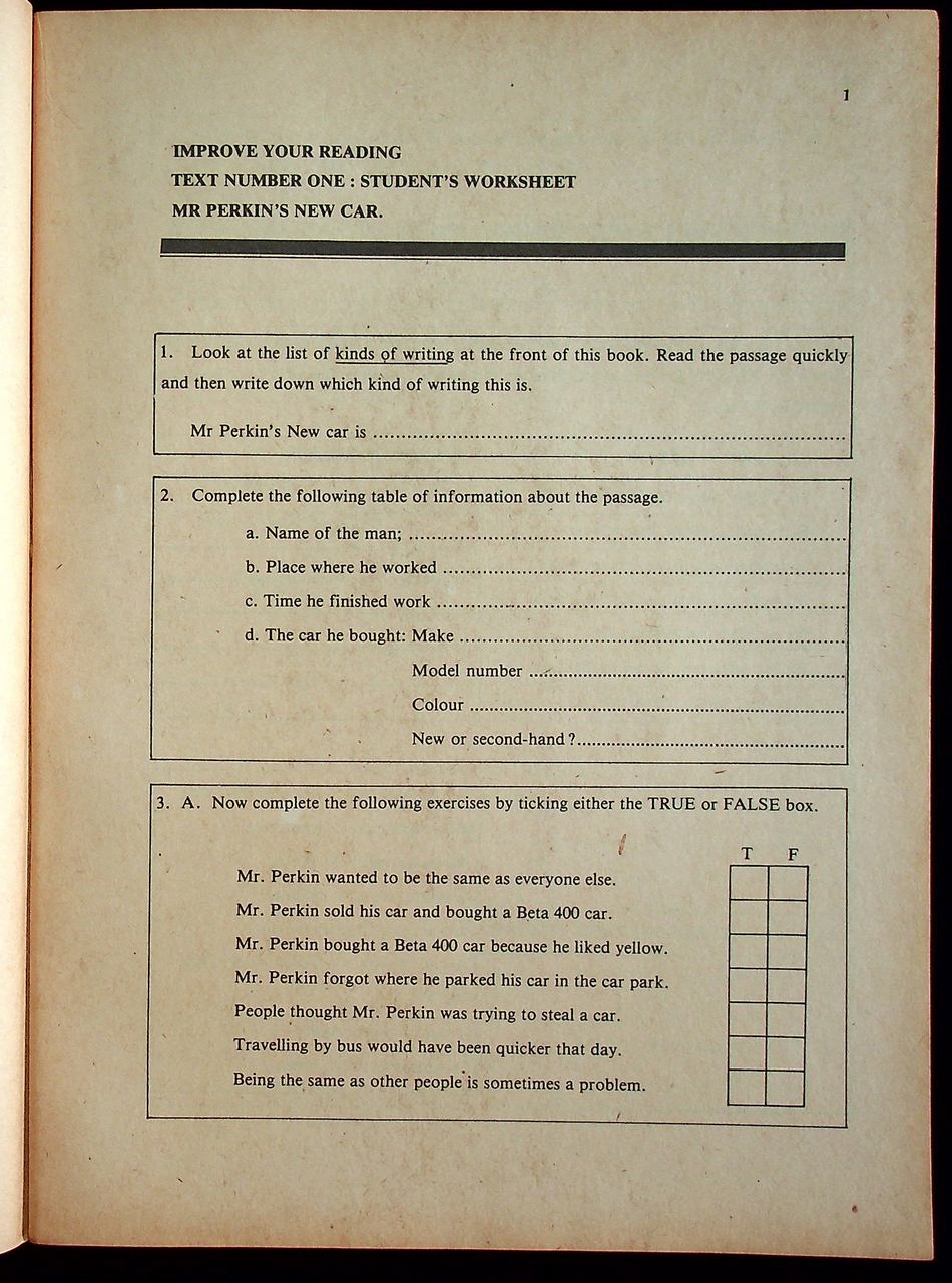 WORKSHEET IMPROVE YOUR READING BOOK 1 FOR M.4 ENGLISH 431-432