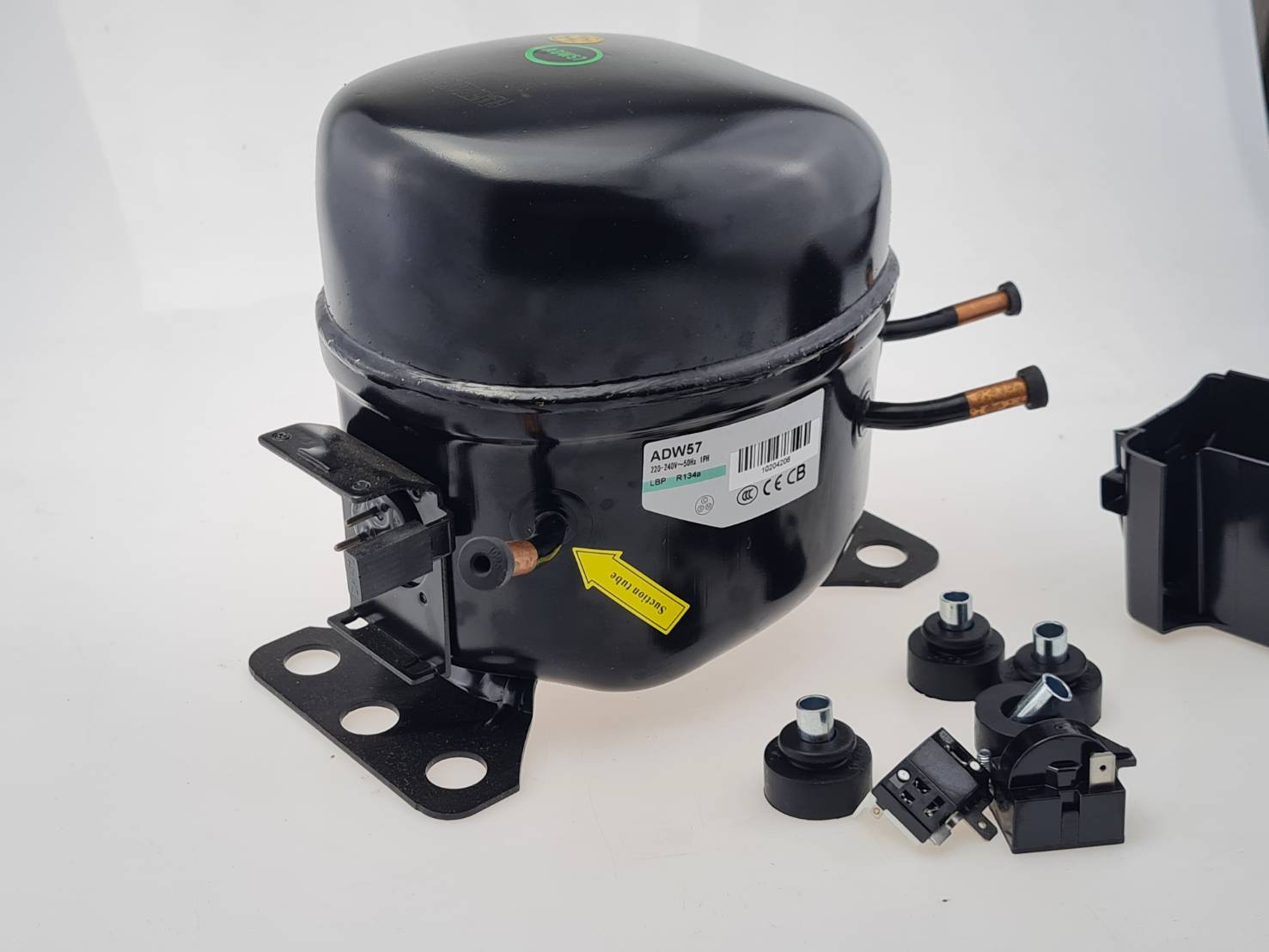 ADW57 คอมเพรสเชอร์ 1/5 แรงม้า R134a LBP สำหรับตู้แช่ ตู้เย็น Compressor ของใหม่ พร้อมอุปกรณ์ ดีเลย์ โอเวอร์โหลด